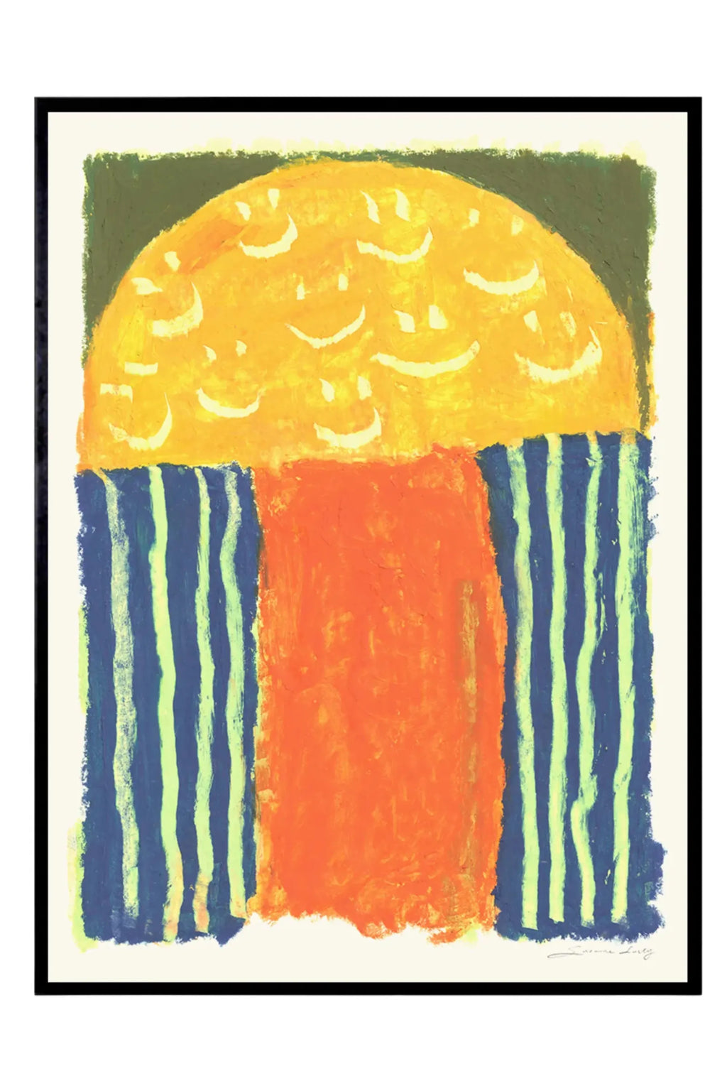 The Poster Club Laughing Jim, a vibrant abstract art print featuring a large textured yellow semi-circle with white smiley faces against an olive green top border, above a bright orange central rectangle flanked by.
