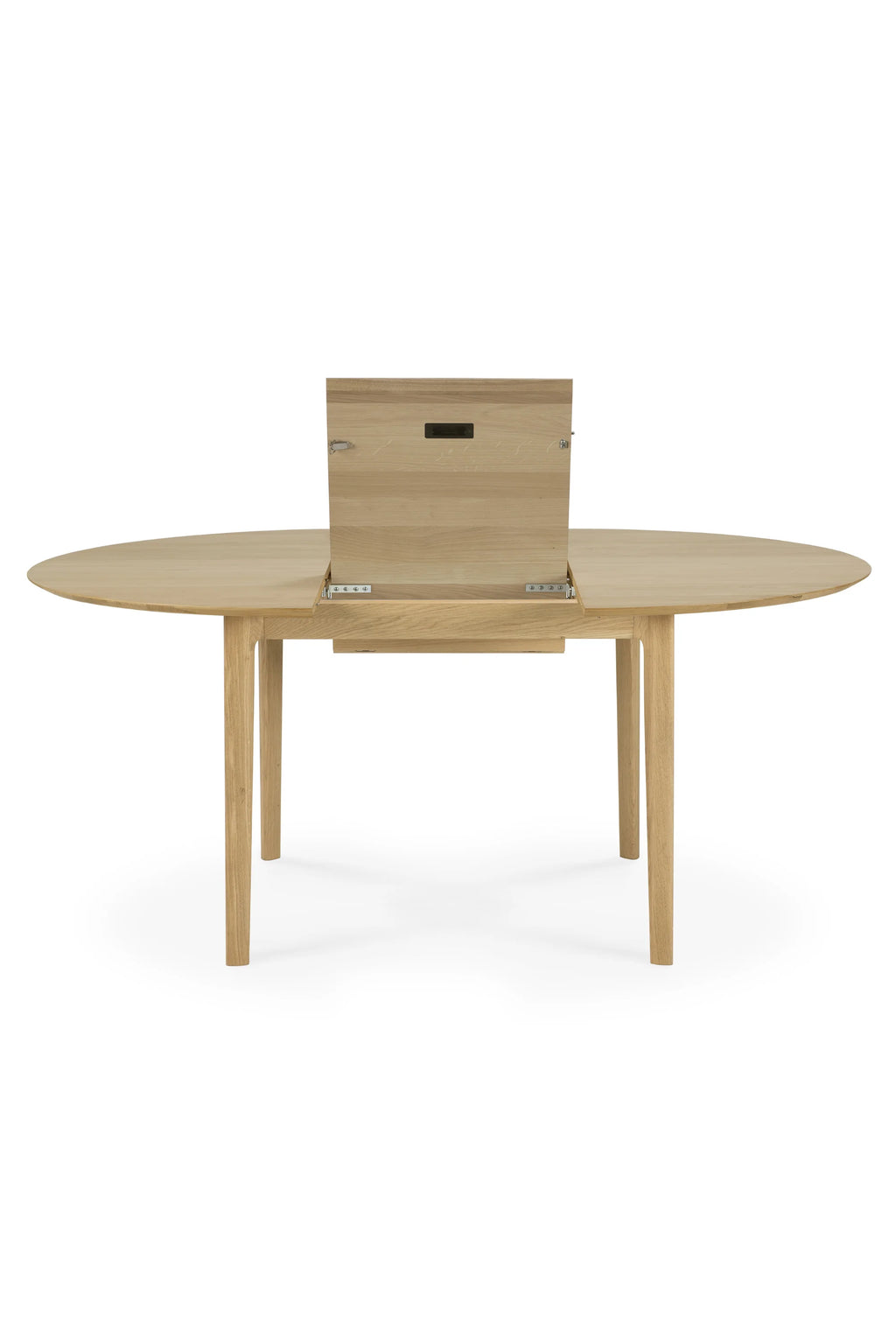Ethnicraft Bok Extendable Dining Table, a contemporary solid oak dining table crafted from natural light wood with a smooth, visible grain. Its elegant oval silhouette features a clever butterfly extension mechanism, allowing the table to expand for additional seating. This versatile wooden dining table is perfect for modern minimalist dining rooms or Scandinavian-inspired living spaces.