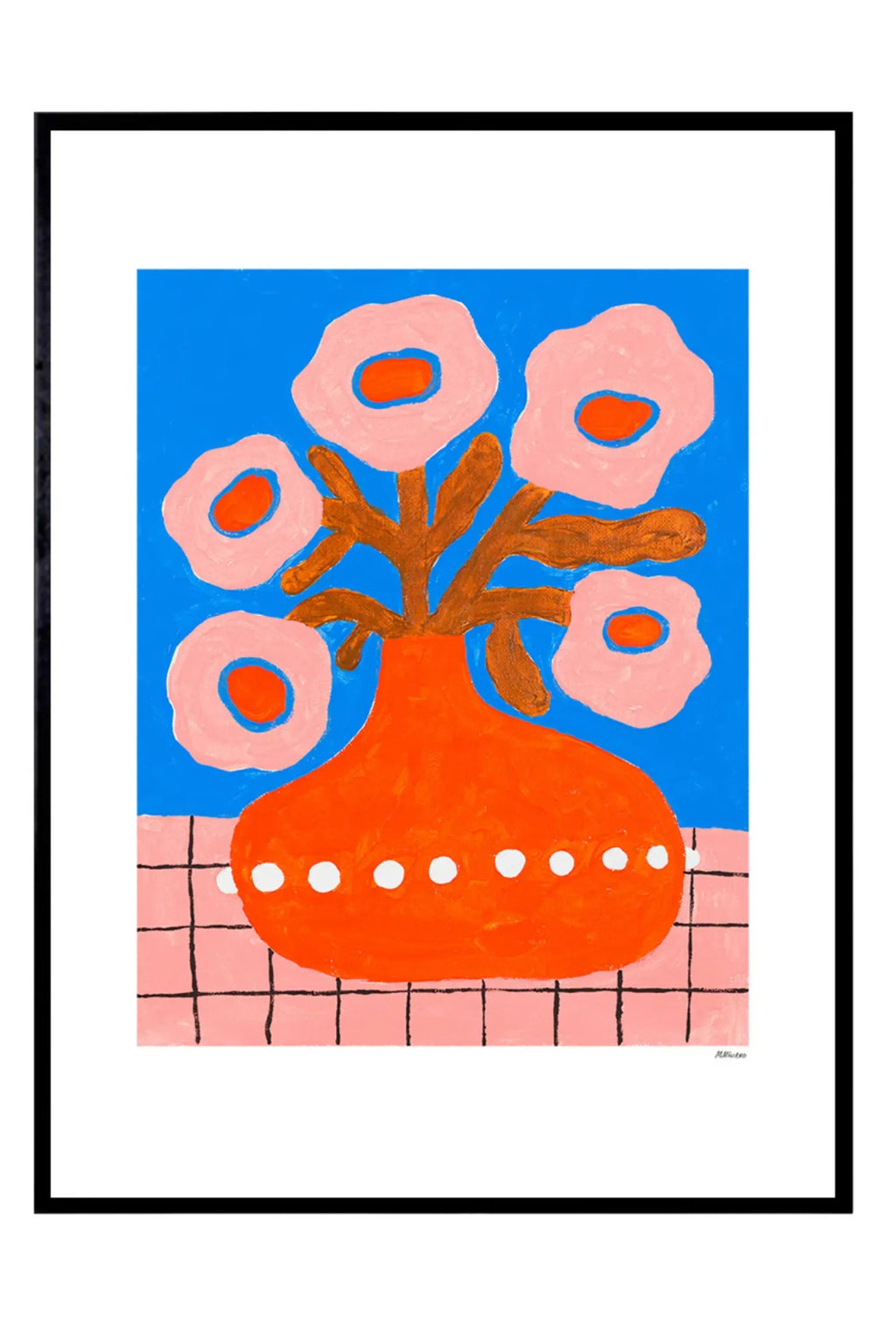 The Poster Club Flowers In a Pearl Vase, a bold abstract floral art print featuring a vibrant royal blue background, a coral orange vase with white pearl-like dots, and light pink flowers with.