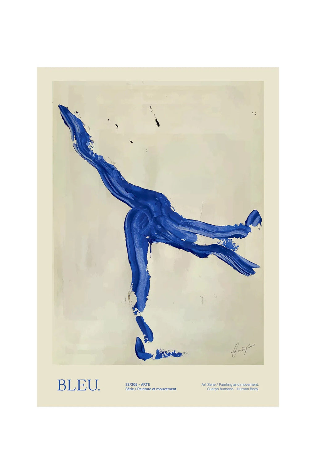 The Poster Club Bleu, a vibrant abstract expressionist art print featuring a dynamic, thick brushstroke in electric blue that evokes a human figure in motion against a soft off-white background with subtle painterly textures. This contemporary abstract poster offers bold color and expressive movement, perfect as modern wall art for Scandinavian living rooms, minimalist bedrooms, or a striking gallery wall statement.