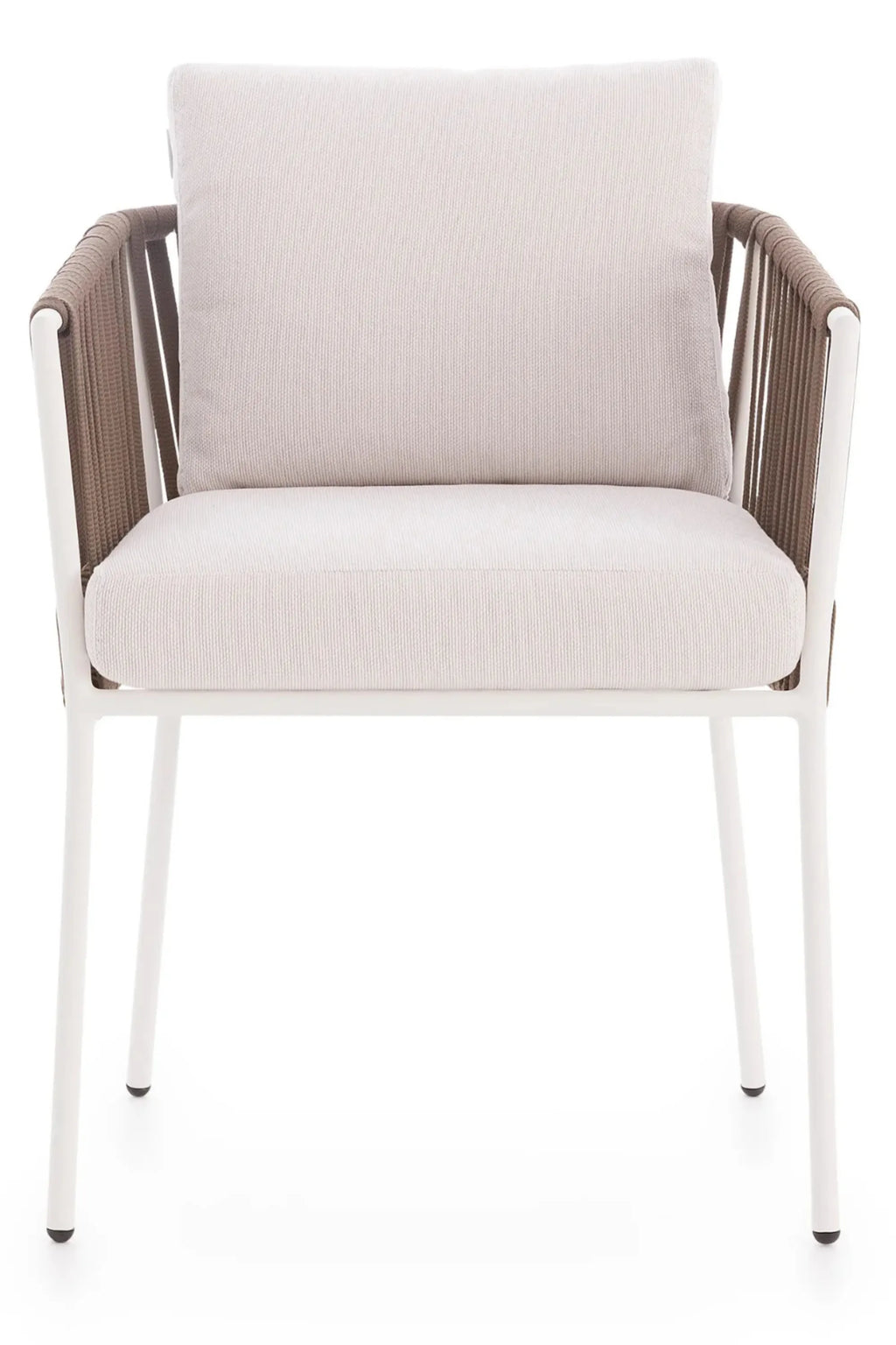 Gandia Blasco Corda Outdoor Dining Chair, a sleek contemporary outdoor dining chair featuring a durable white powder-coated aluminum frame with distinctive taupe hand-woven rope backrest and armrests, creating an open, airy design. It includes plush, weather-resistant light beige fabric seat and back cushions with a subtle ribbed texture. Perfect for modern patio dining areas, contemporary outdoor spaces, or coastal-inspired gardens.
