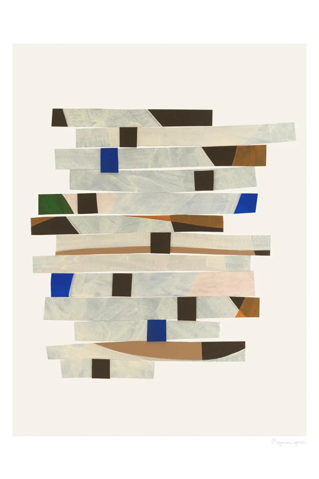 The Poster Club Cut up Stripes, an abstract art print featuring a dynamic stack of horizontal, textured rectangular and square shapes in a sophisticated multi-color palette. This modern minimalist collage art showcases varied shades of off-white, light grey, dark brown, earthy ochre, vibrant royal blue, blush pink, and deep green, set against a clean cream background. Perfect as contemporary wall art for Scandinavian living rooms, modern bedrooms, or enhancing a curated gallery wall.