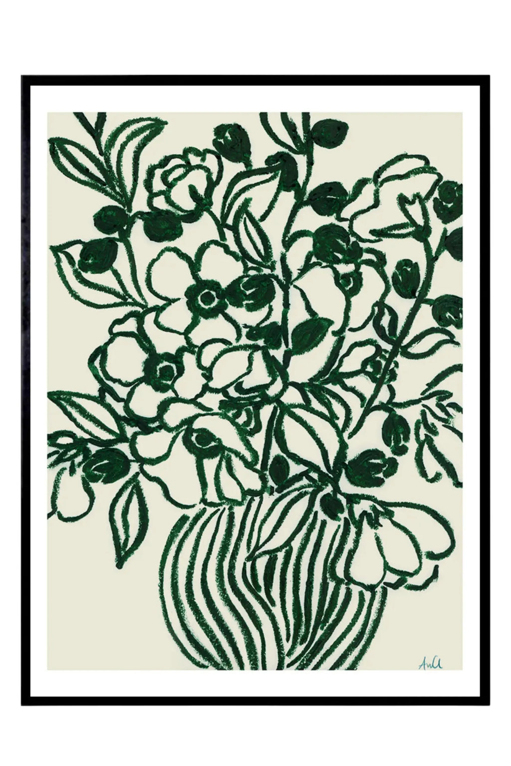 The Poster Club Poppy Studies II, an abstract floral art print featuring expressive dark forest green lines forming a stylized bouquet of poppies in a striped vase, set against a soft cream background and framed in a sleek black frame. This contemporary green floral poster is perfect for modern gallery walls, minimalist living rooms, or as a sophisticated bedroom accent.