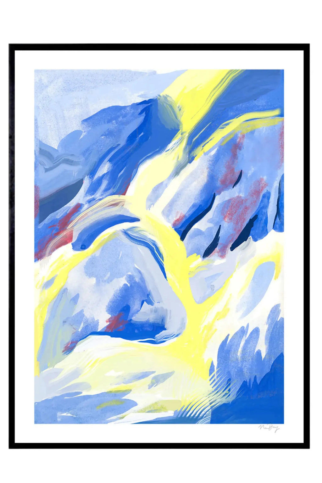 The Poster Club Blue Strokes, a vibrant abstract art print featuring energetic brushstrokes in shades of royal blue, sky blue, and bright yellow, accented with hints of red and white, presented in a sleek black frame. This contemporary painterly wall art is perfect for adding a pop of color to modern minimalist living rooms, creative home offices, or a dynamic gallery wall.
