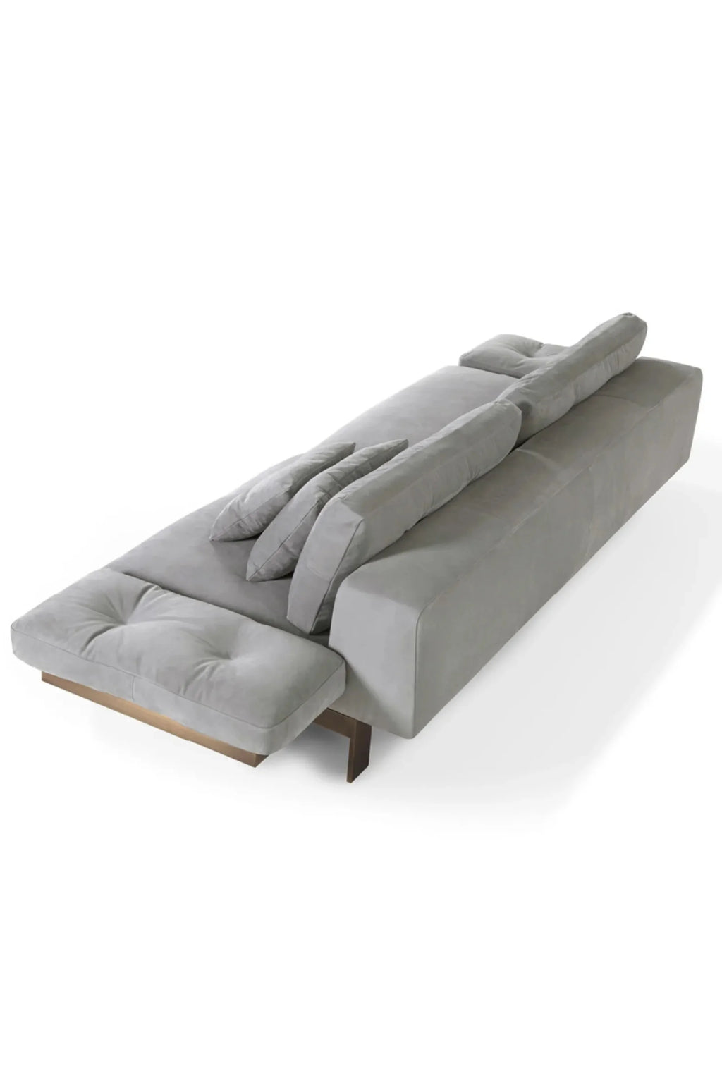 Hessentia Levante Sofa, a contemporary modular sofa upholstered in luxurious light grey fabric with plush cushions and distinctive tufting on the expansive chaise lounge.