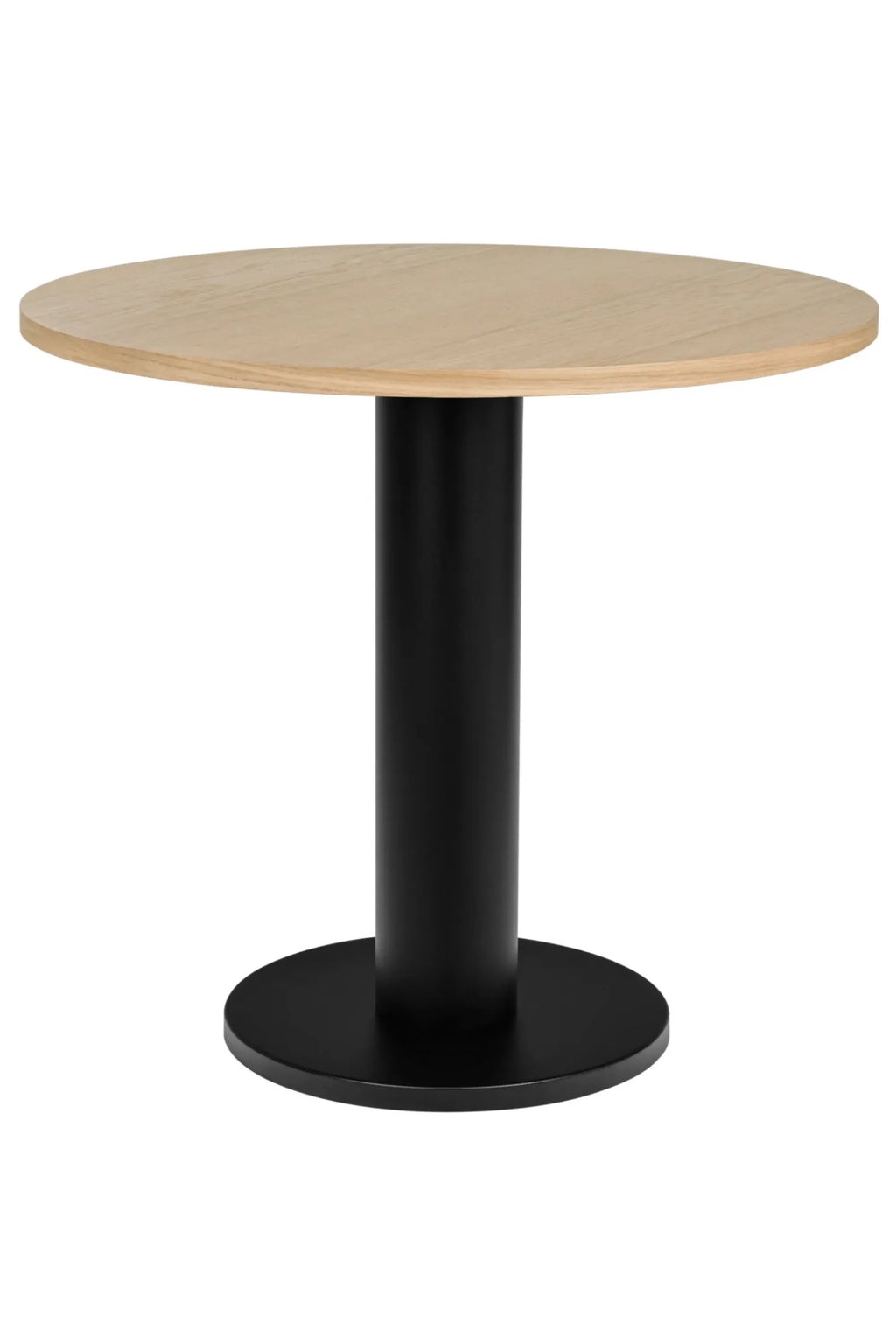 noo.ma Sool Café Table, a modern minimalist round dining table featuring a light natural wood tabletop, likely oak veneer, with a smooth finish. It stands on a sturdy matte black cylindrical metal pedestal base and a coordinating round base, offering a clean, contemporary aesthetic.