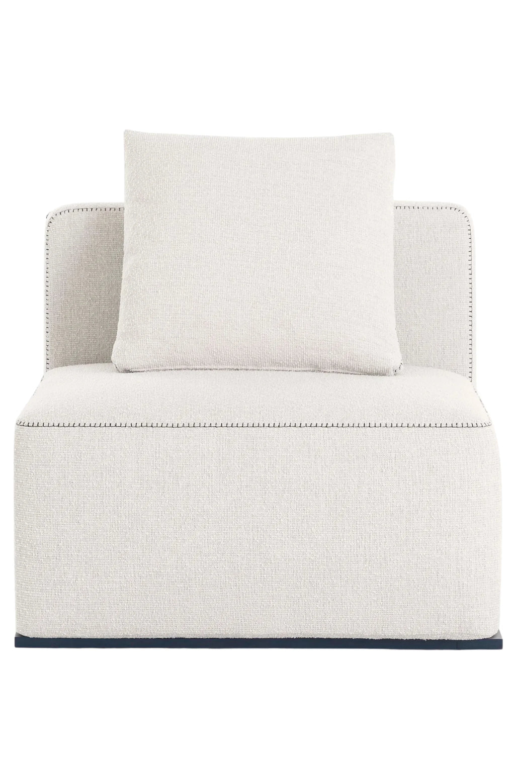 Gandia Blasco Islablanca Outdoor Sofa - Sectional 3, a modern minimalist outdoor lounge chair upholstered in a light cream, textured woven weather-resistant fabric with distinctive black contrasting stitching and a sleek dark grey base. This contemporary low-profile outdoor seating module features a plush loose back cushion, making it ideal for creating a luxurious modular outdoor sectional for patios, decks, or garden spaces.