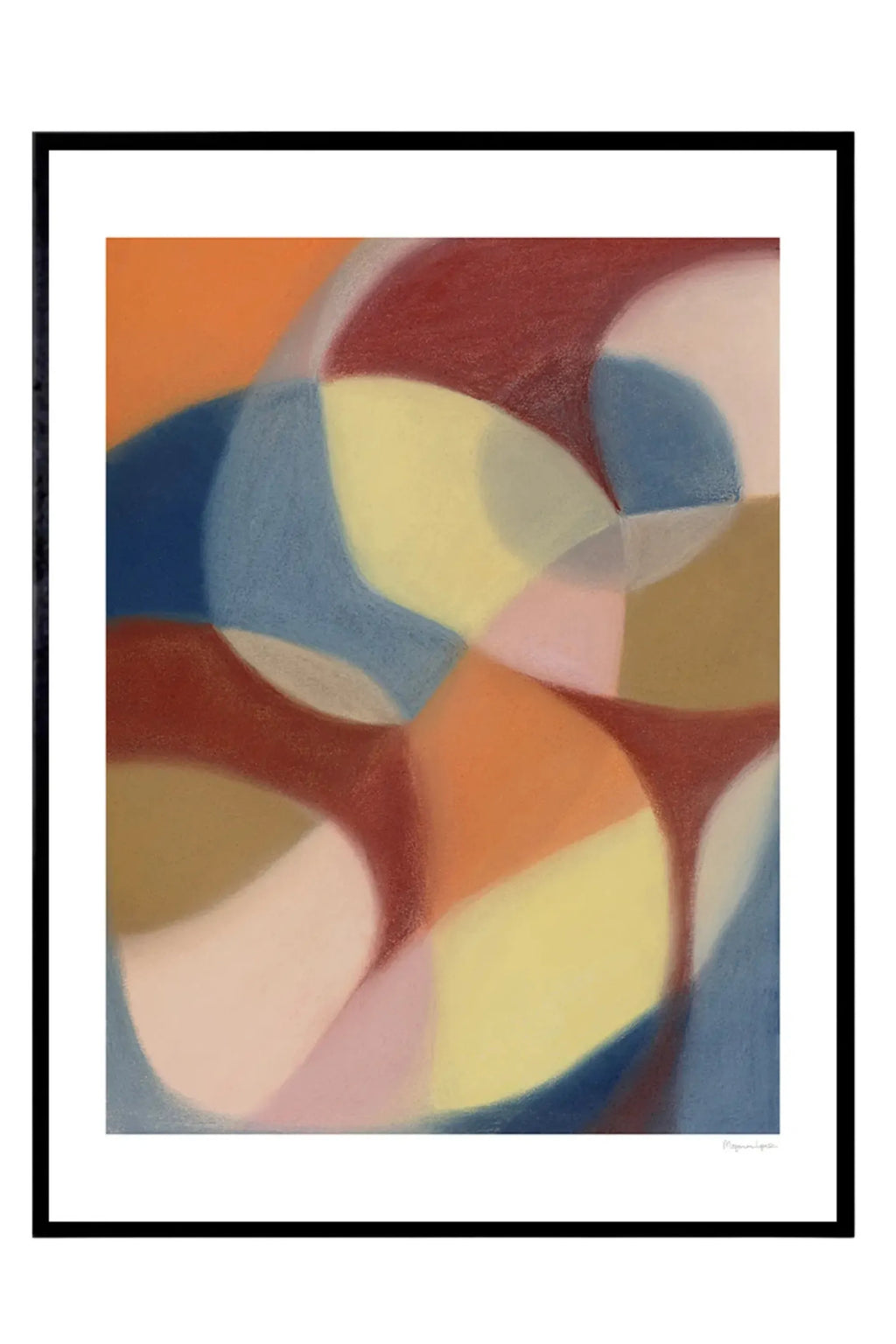 The Poster Club Pearl, an abstract art print featuring soft, overlapping organic shapes in a harmonious palette of burnt orange, terracotta red, deep blue, sky blue, pale yellow, and soft pink, presented in a sleek black frame with a clean white mat. This contemporary poster is perfect for adding colorful, organic modern wall art to living rooms, bedrooms, or gallery walls.