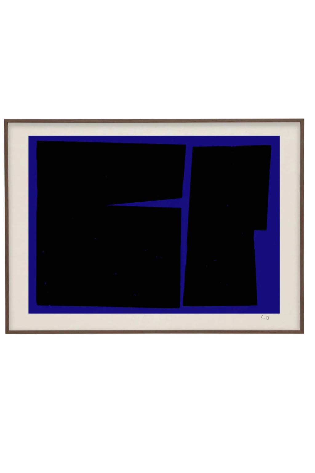The Poster Club Blue Geometric 02, a bold abstract art print featuring graphic black geometric shapes with subtly textured edges against a vibrant royal blue background, framed in a dark walnut wood frame with a crisp white mat. Perfect as modern wall art for contemporary gallery walls and creative studio spaces.
