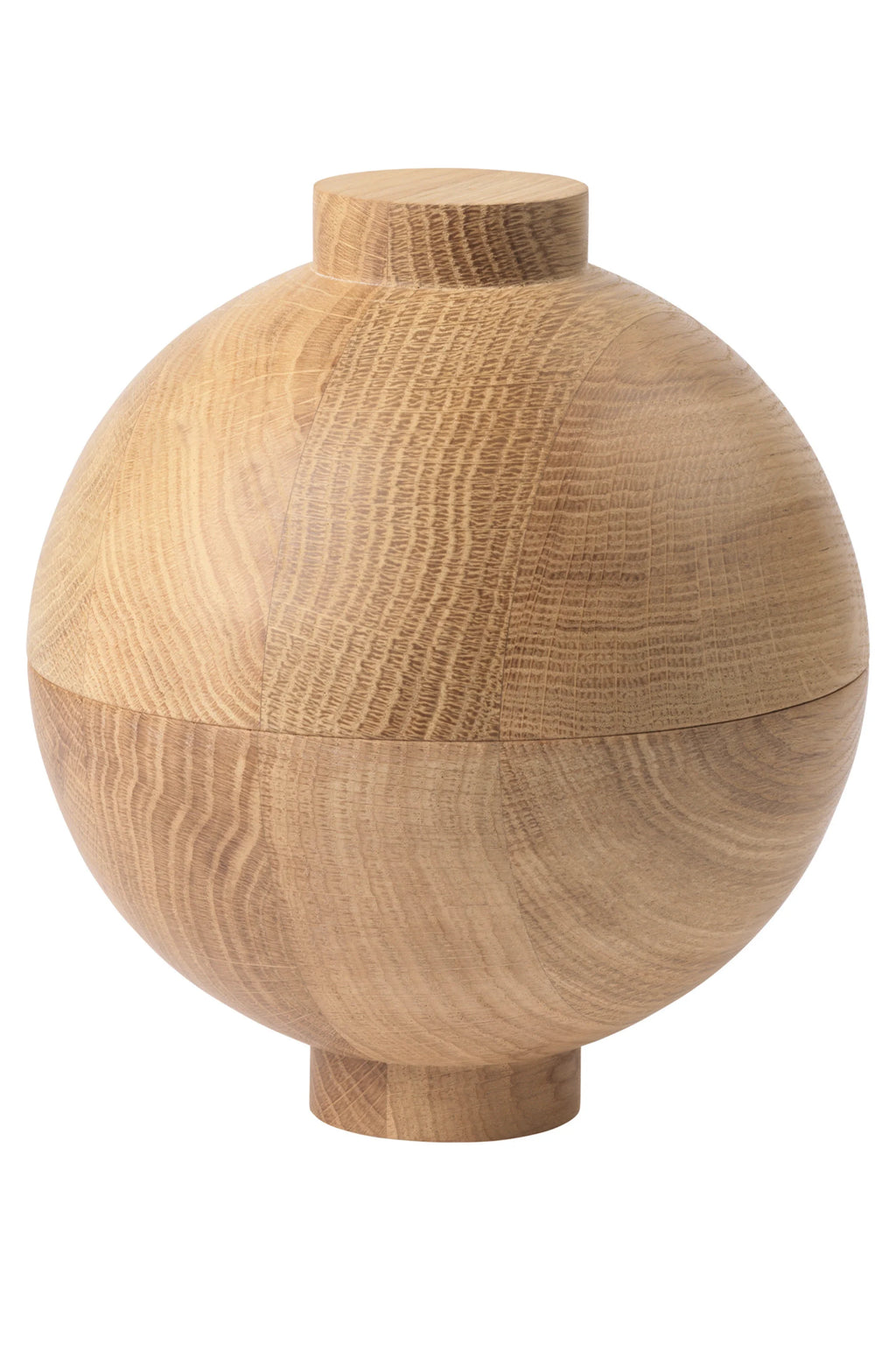 Kristina Dam Wooden Sphere, a natural solid oak decorative storage container with a perfectly spherical shape and prominent wood grain. This minimalist lidded box features flat cylindrical top and bottom accents, showcasing an organic modern aesthetic. Ideal for contemporary shelf styling or as a unique accent piece in Scandinavian and modern minimalist interiors.