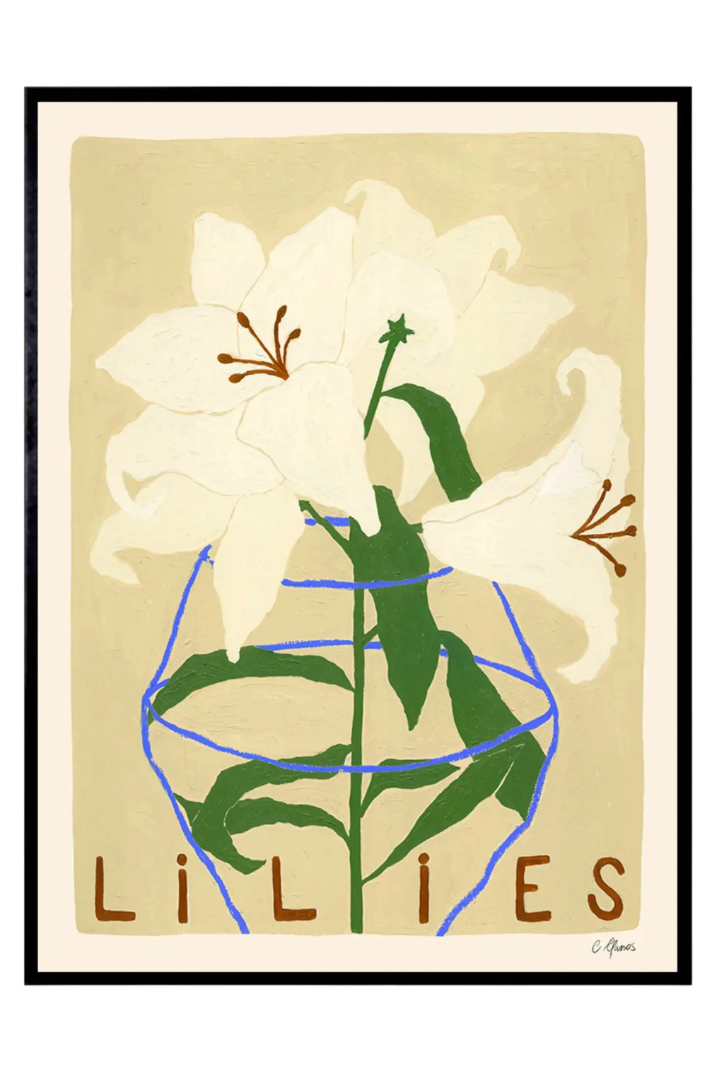 The Poster Club Lilies, a modern abstract floral art print featuring three white lilies with dark green stems and brown stamens against a warm cream background. A minimalist royal blue line outlines an abstract vase, and "LILIES" text is printed in brown, all rendered in a painterly naive art style with visible brushstrokes. This contemporary framed art print is perfect for adding organic modern wall decor to a living room, bedroom, or gallery wall.