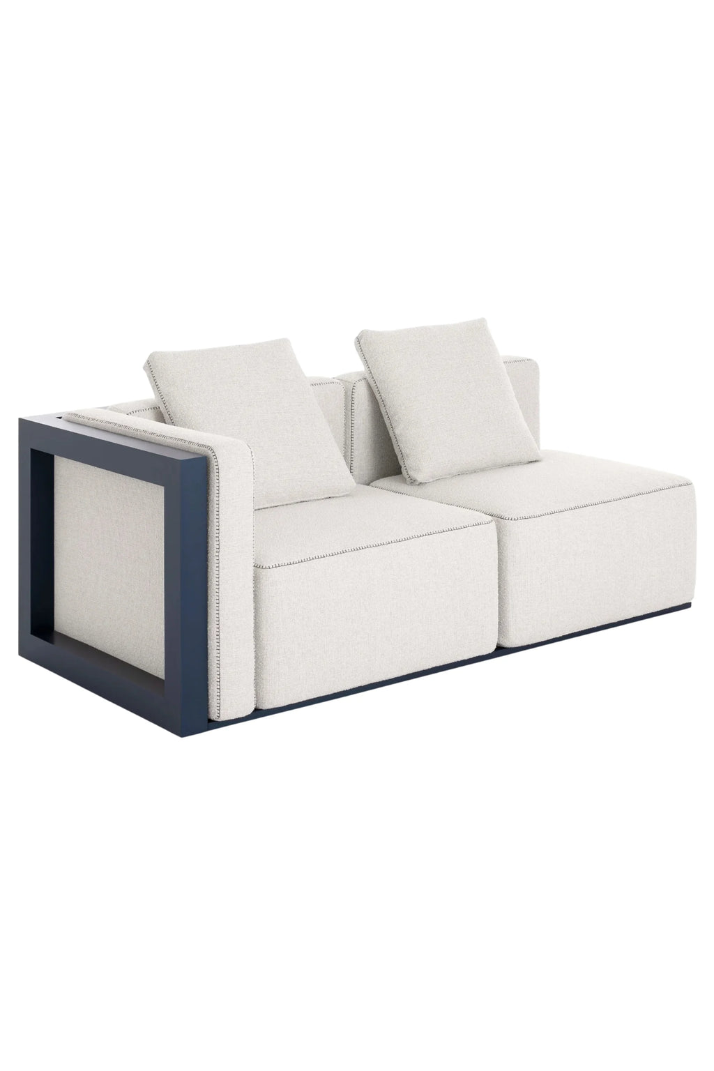 Gandia Blasco Islablanca Outdoor Sofa - Sectional 1, a modern outdoor sectional sofa featuring a sleek dark blue aluminum frame and plush light gray weather-resistant fabric upholstery with distinct dark contrast stitching. This low-profile modular design includes an open-frame armrest, offering a contemporary aesthetic and sophisticated style. Ideal for luxury outdoor living rooms, contemporary patios, or modern garden lounge areas.