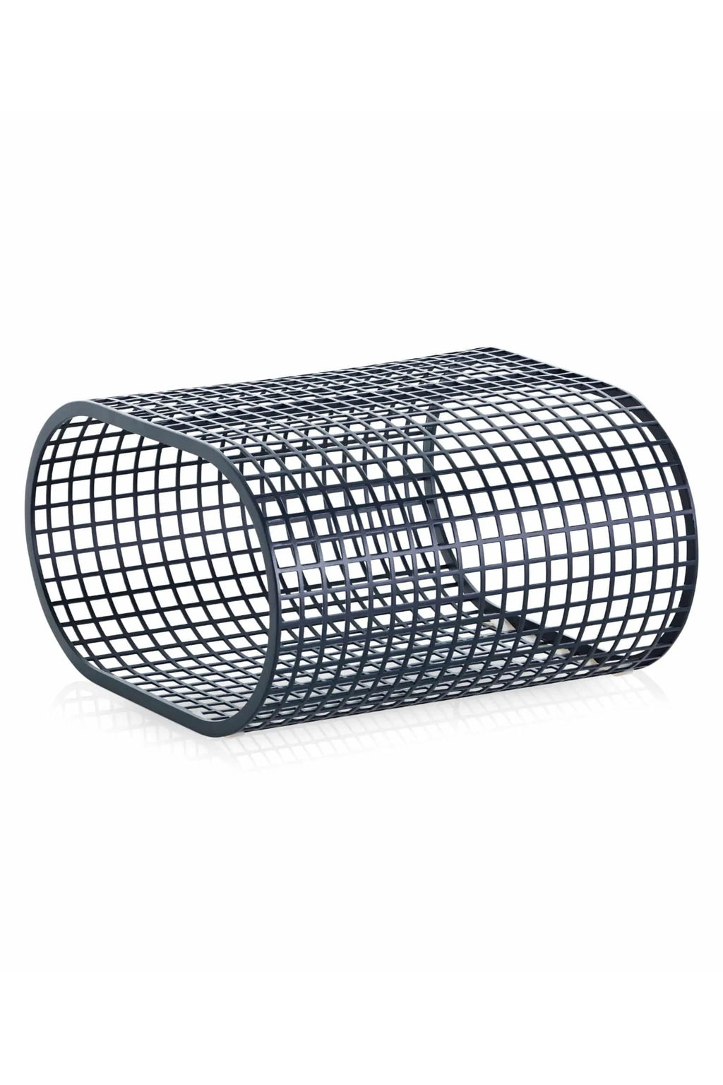 Gandia Blasco Buit Pouf, a modern minimalist outdoor pouf featuring a distinctive cylindrical shape and a matte dark grey grid-patterned construction. Crafted from durable, weather-resistant material, its open grid design creates a lightweight and architectural aesthetic suitable for various climates. This contemporary garden furniture piece is perfect for stylish patio seating, outdoor lounge areas, or as a unique accent in modern minimalist exteriors.