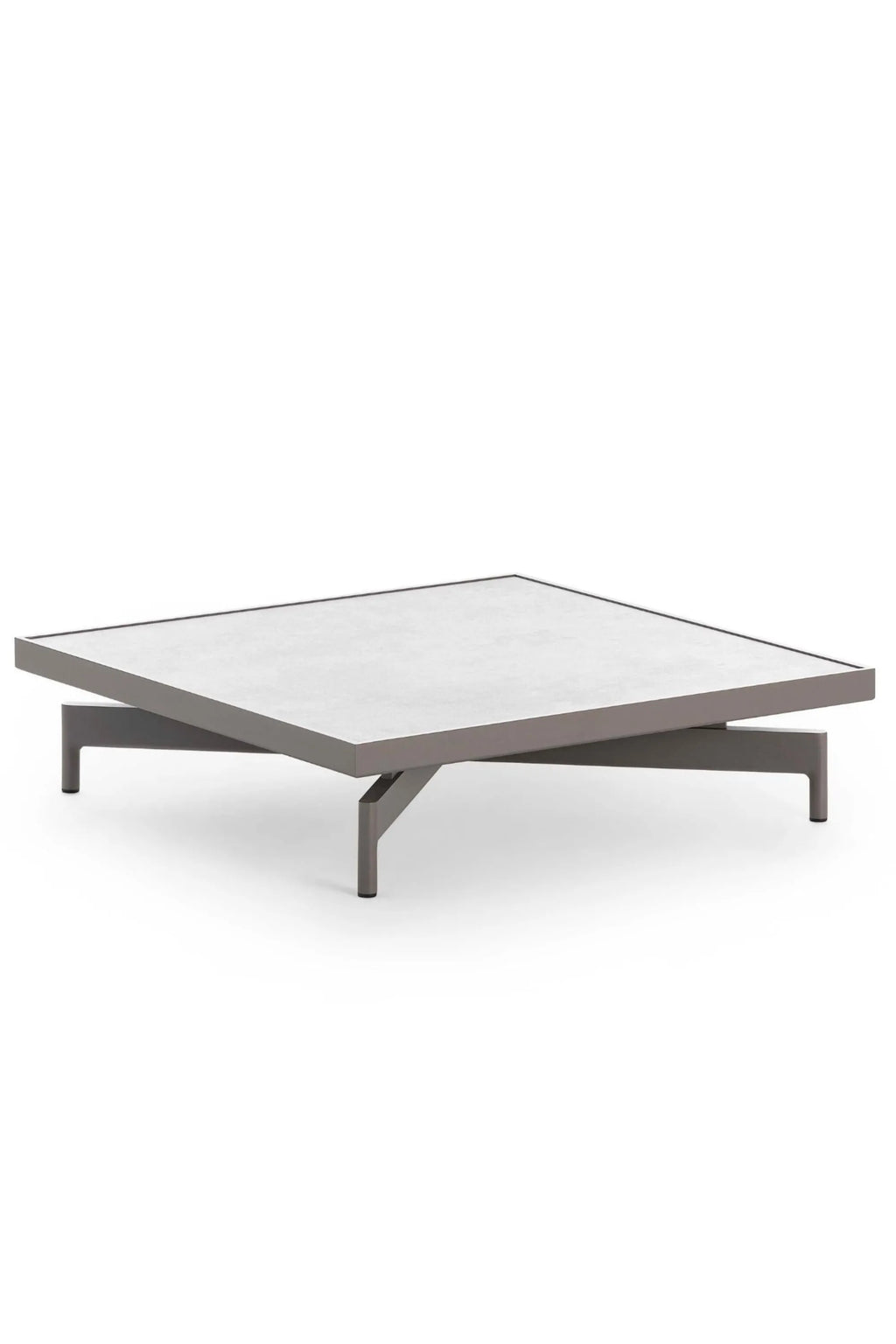 Gandia Blasco Onde Square Coffee Table, a modern minimalist low-profile outdoor table featuring a light grey concrete-effect square top and a dark grey powder-coated aluminum frame with a striking geometric, intersecting base. This contemporary patio coffee table is perfect for stylish outdoor living rooms, terraces, or garden lounge areas.
