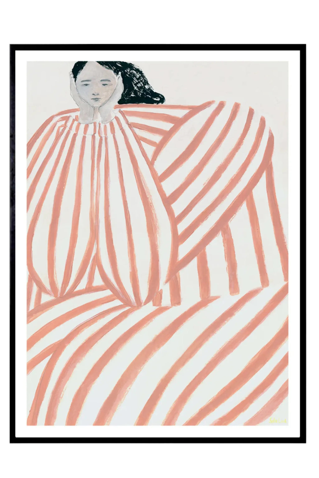 The Poster Club Still Waiting, a contemporary abstract figurative art print featuring a woman with a pale, minimalist face and black hair, resting her head in her hands. She is depicted wearing an oversized garment with bold, painterly brushstroke stripes in a muted peach and terracotta hue against a clean white background, presented in a sleek black frame. This modern minimalist wall art is perfect for adding a touch of serene sophistication to a living room, bedroom, or gallery wall.