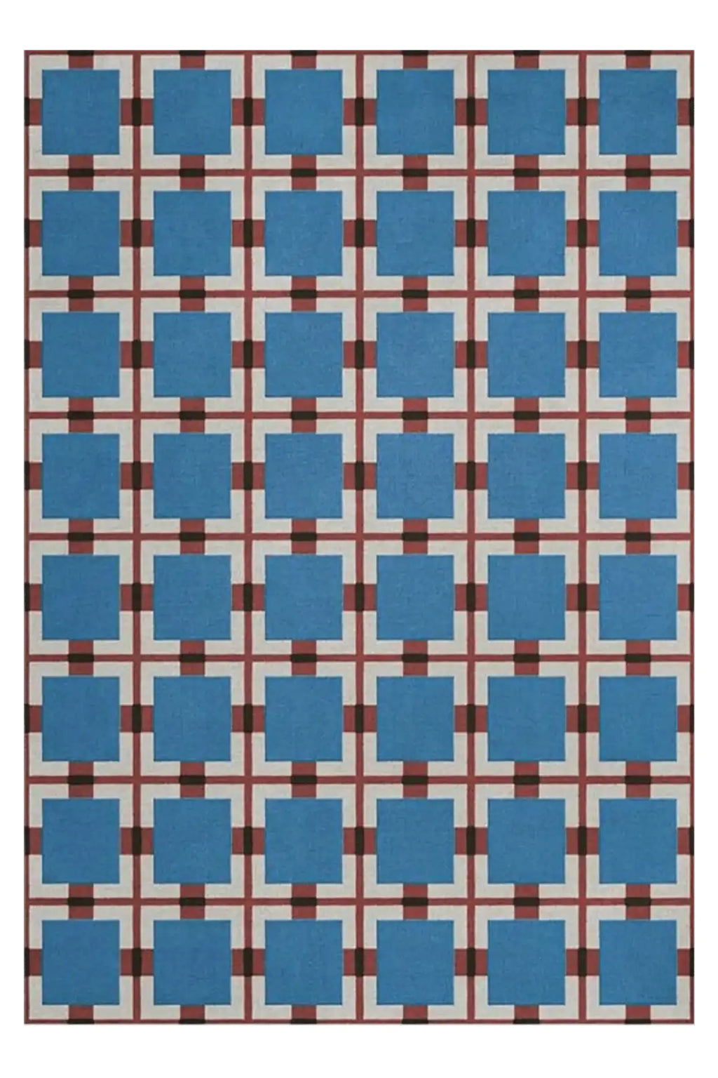 Layered Berry Rain Wool Rug, a modern geometric area rug featuring a pattern of blue squares framed by cream and reddish-brown lines. Perfect for adding a contemporary touch to living room or bedro...