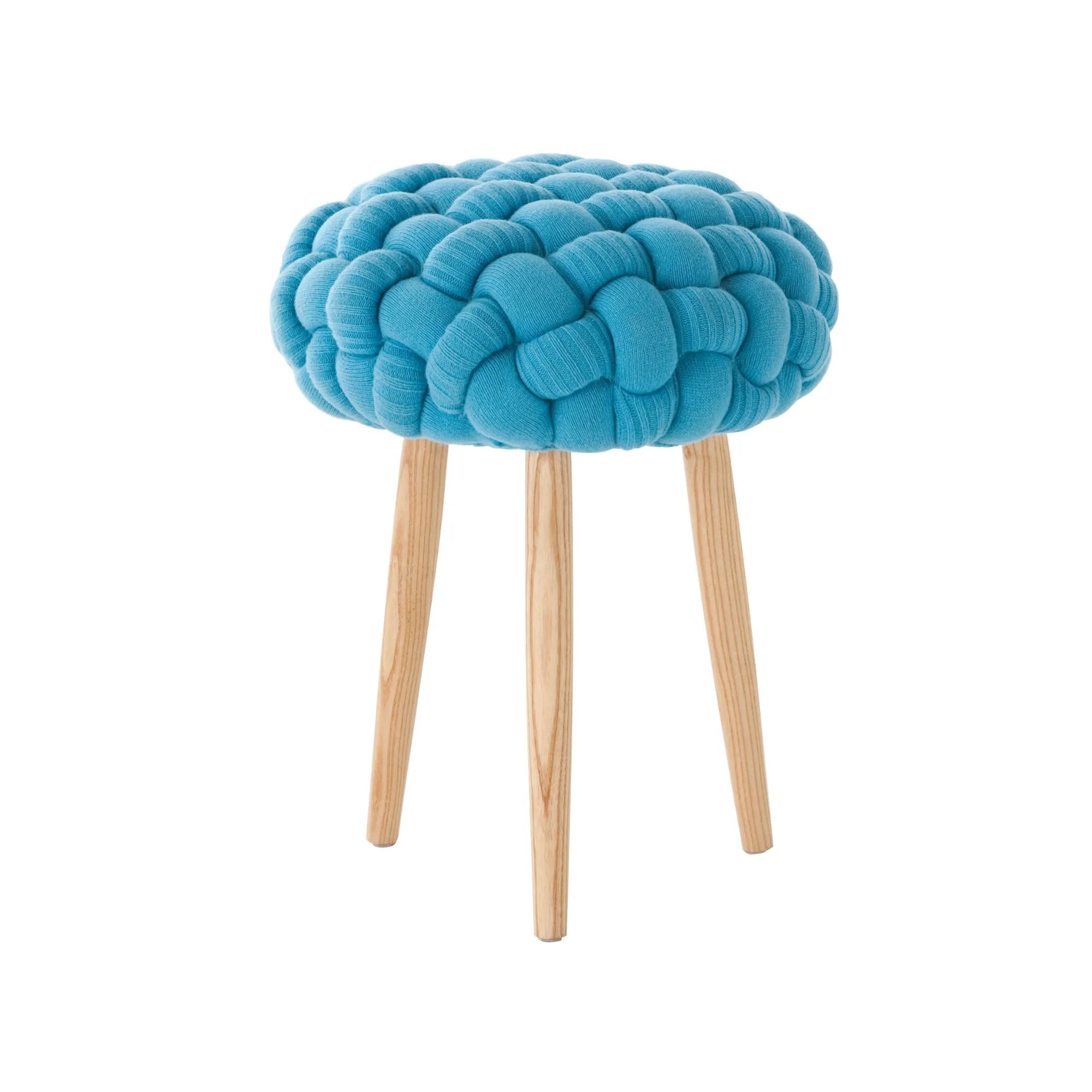 Knitted stool in cream color with wooden legs for modern home decor