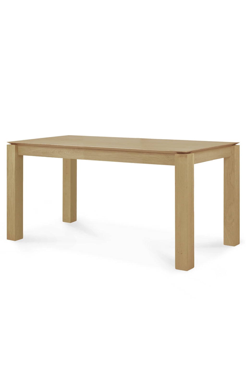 Ethnicraft Slice Dining Table, a modern minimalist rectangular dining table crafted from solid oak with a light natural wood finish and subtle visible grain. It features a clean-lined rectangular tabletop that appears to float above four sturdy, thick rectangular legs, embodying a contemporary Scandinavian design aesthetic. Perfect for contemporary dining rooms, minimalist interiors, or as a versatile solid oak kitchen table for everyday use.