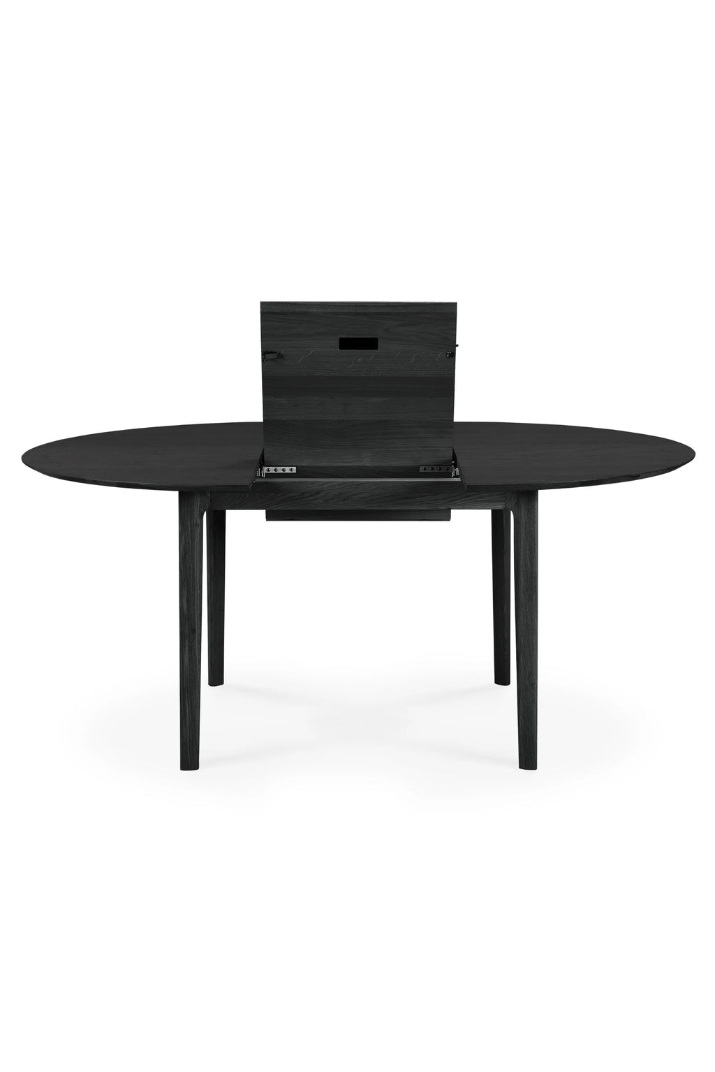 Ethnicraft Bok Extendable Dining Table, a sleek modern minimalist dining table crafted from solid black oak with a visible wood grain and a smooth finish. This contemporary oval dining table features a clever butterfly extension mechanism, allowing it to expand for larger gatherings while maintaining its elegant Scandinavian design. Ideal for a stylish dining room or kitchen, offering versatile seating for family and entertaining.