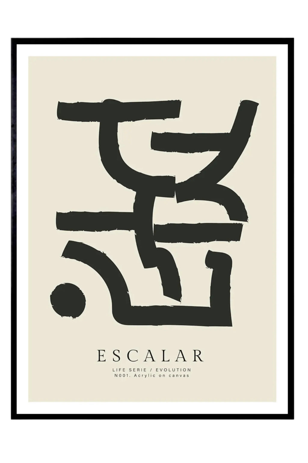 The Poster Club Escalar, a modern minimalist abstract art print featuring bold matte black brushstroke shapes and an organic dot against a warm cream background, presented in a sleek black frame with a clean white mat. This contemporary wall art is ideal for creating a sophisticated gallery wall or adding a stylish accent to living rooms, bedrooms, or home office spaces.