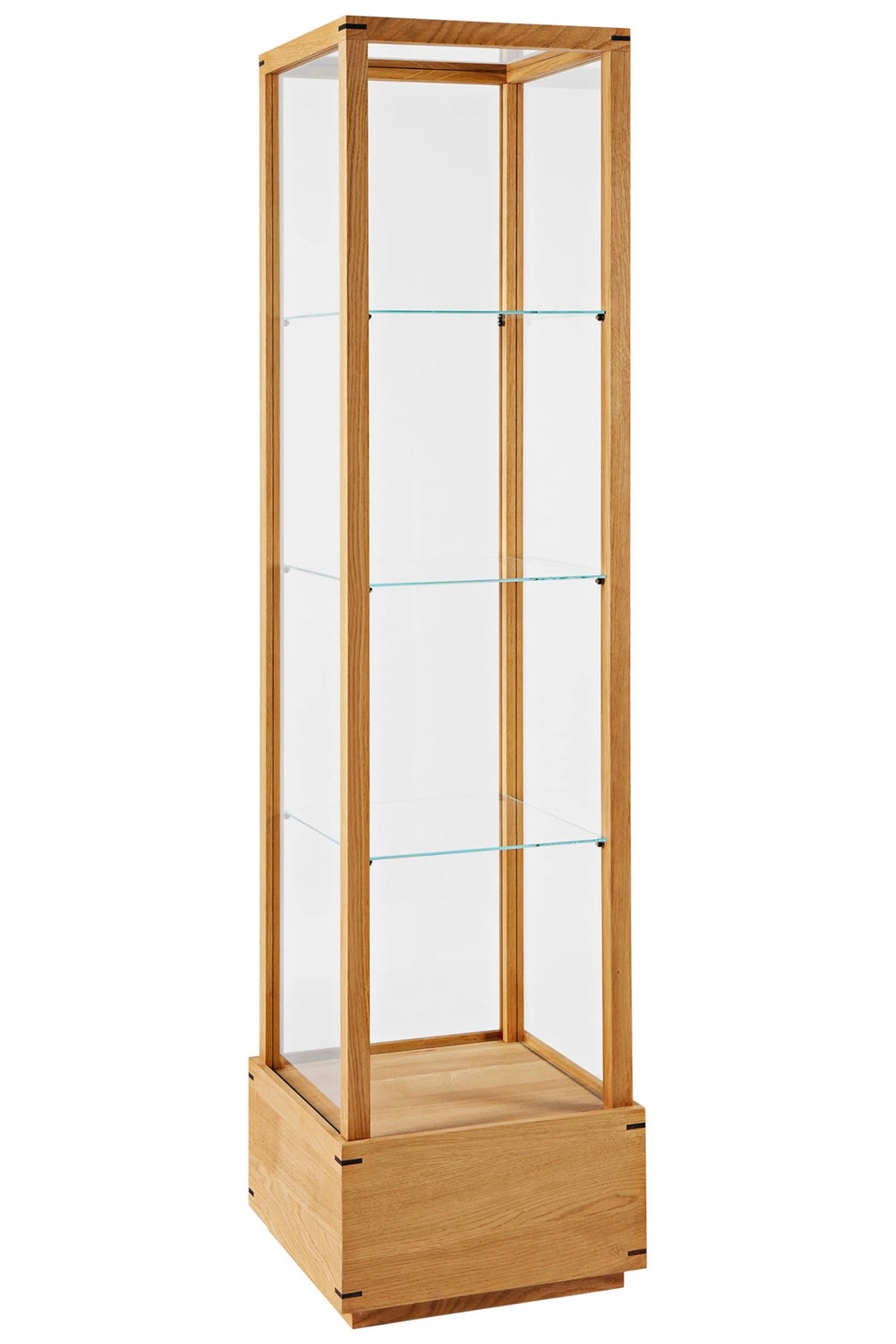 Kristina Dam Japanese Cabinet M, a tall, modern minimalist display cabinet crafted from natural solid oak wood with clear glass sides and adjustable glass shelves.