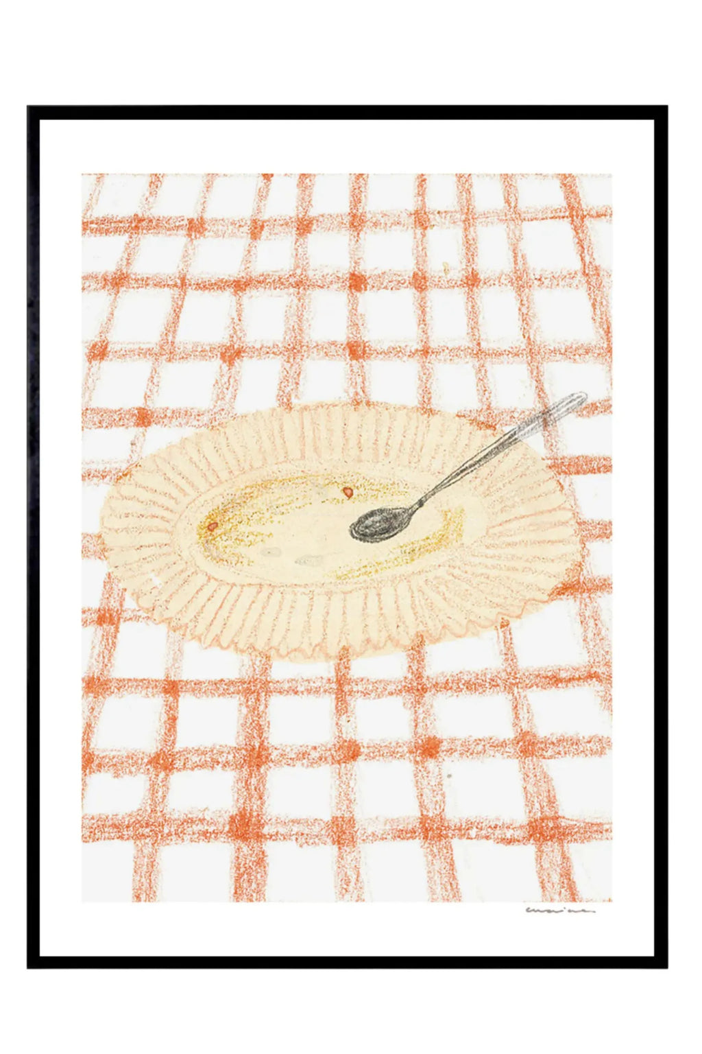The Poster Club Plato Hondo, a charming hand-drawn art print featuring a rustic orange-red crayon plaid tablecloth with a pale cream scalloped plate and a metallic grey spoon. This naive folk art illustration captures a simple, playful kitchen scene with a distinct textured aesthetic. Ideal as contemporary wall art for dining rooms, kitchen decor, or a minimalist gallery wall.