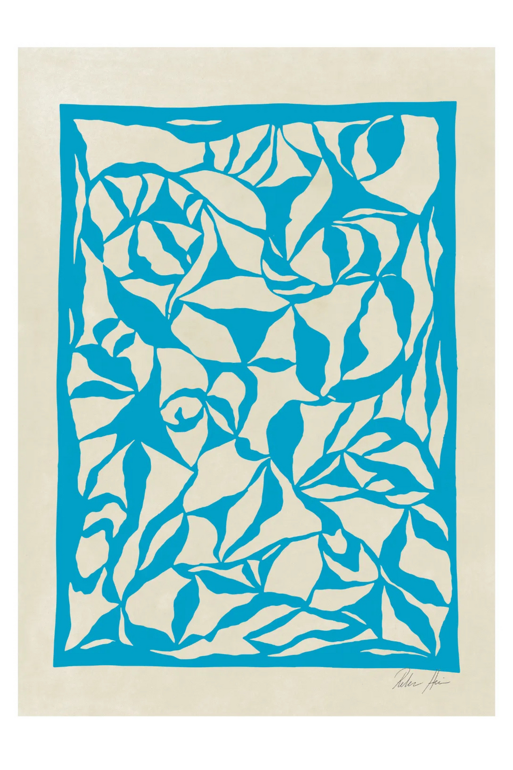 The Poster Club Magnolia No 03, an abstract art print featuring organic cut-out shapes in a vibrant turquoise blue against a creamy beige background, reminiscent of Matisse's iconic style. This graphic and minimalist poster is perfect for adding a pop of color to a modern living room, Scandinavian bedroom, or contemporary gallery wall.