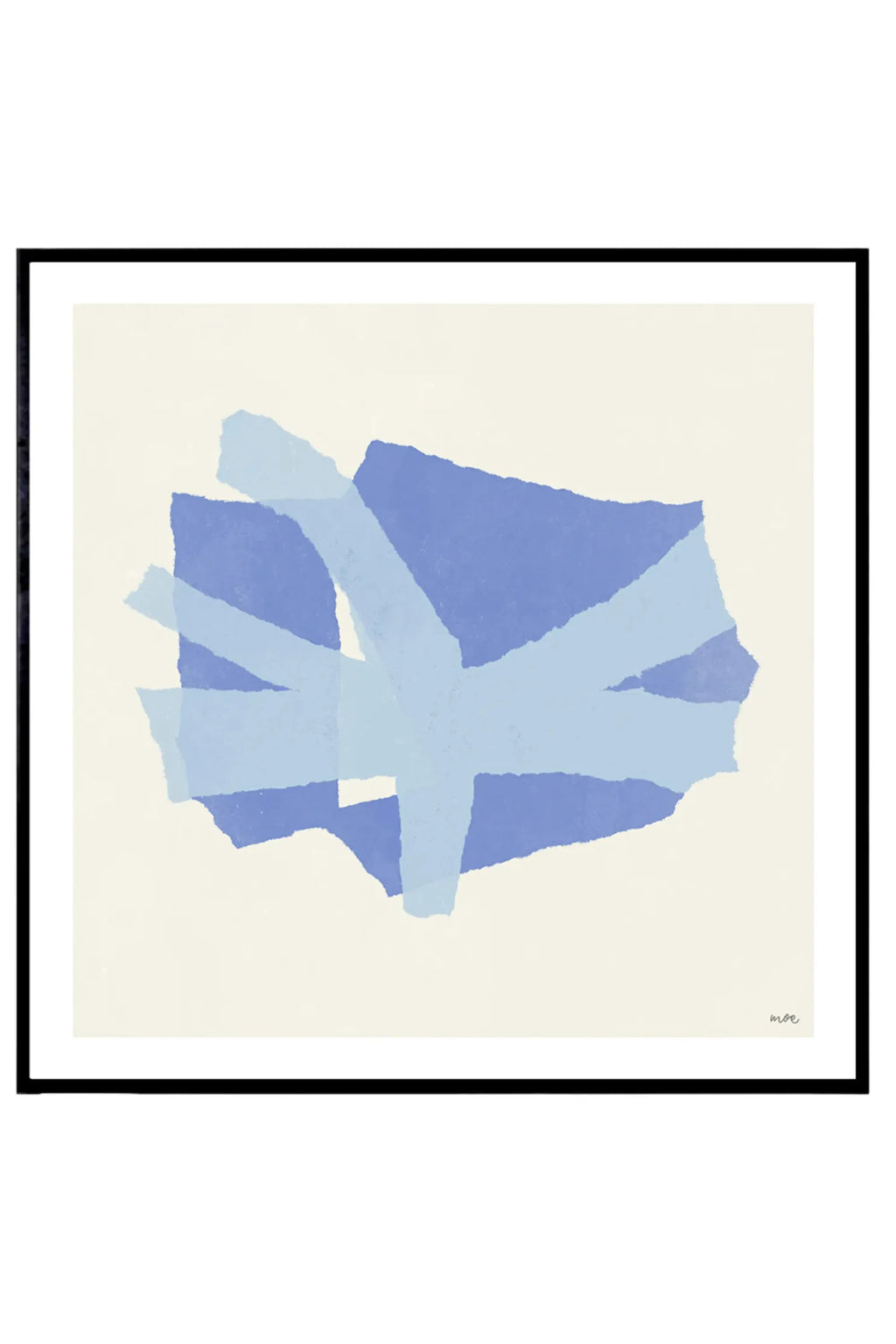 The Poster Club Branching IV, a modern abstract art print showcasing layered, textured collage-style shapes in soft periwinkle blue and cornflower blue tones, set against a warm off-.
