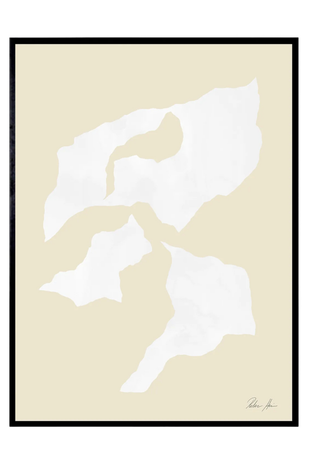The Poster Club Shadow no. 03, a minimalist abstract art print featuring soft white organic shapes with a delicate, torn-edge texture, set against a warm, neutral beige background and framed.