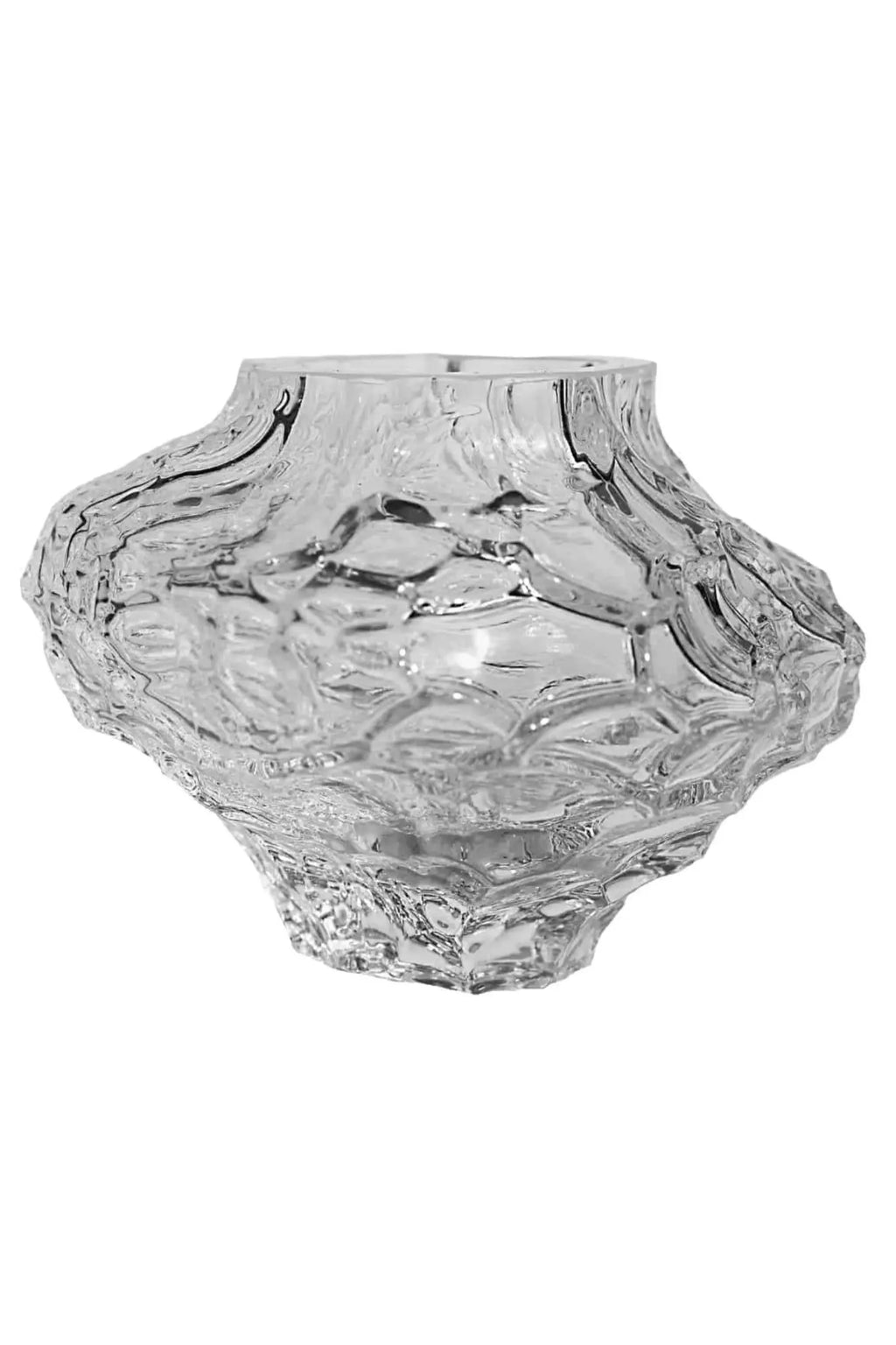 Hein Studio Canyon Vase - Mini, a clear sculptural glass vase with a distinctive organic, textured surface that evokes molten glass or carved rock.