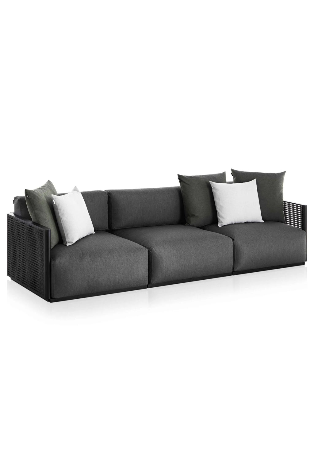 Gandia Blasco Bosc 3-Seater Sofa, a sleek modern outdoor lounge sofa featuring plush dark grey fabric cushions and a sturdy matte black metal frame with distinctive perforated side panels. This low-profile contemporary design includes contrasting dark olive green and crisp white accent pillows, offering both comfort and sophisticated style. Ideal for minimalist patios, modern garden lounges, or elegant outdoor living spaces.