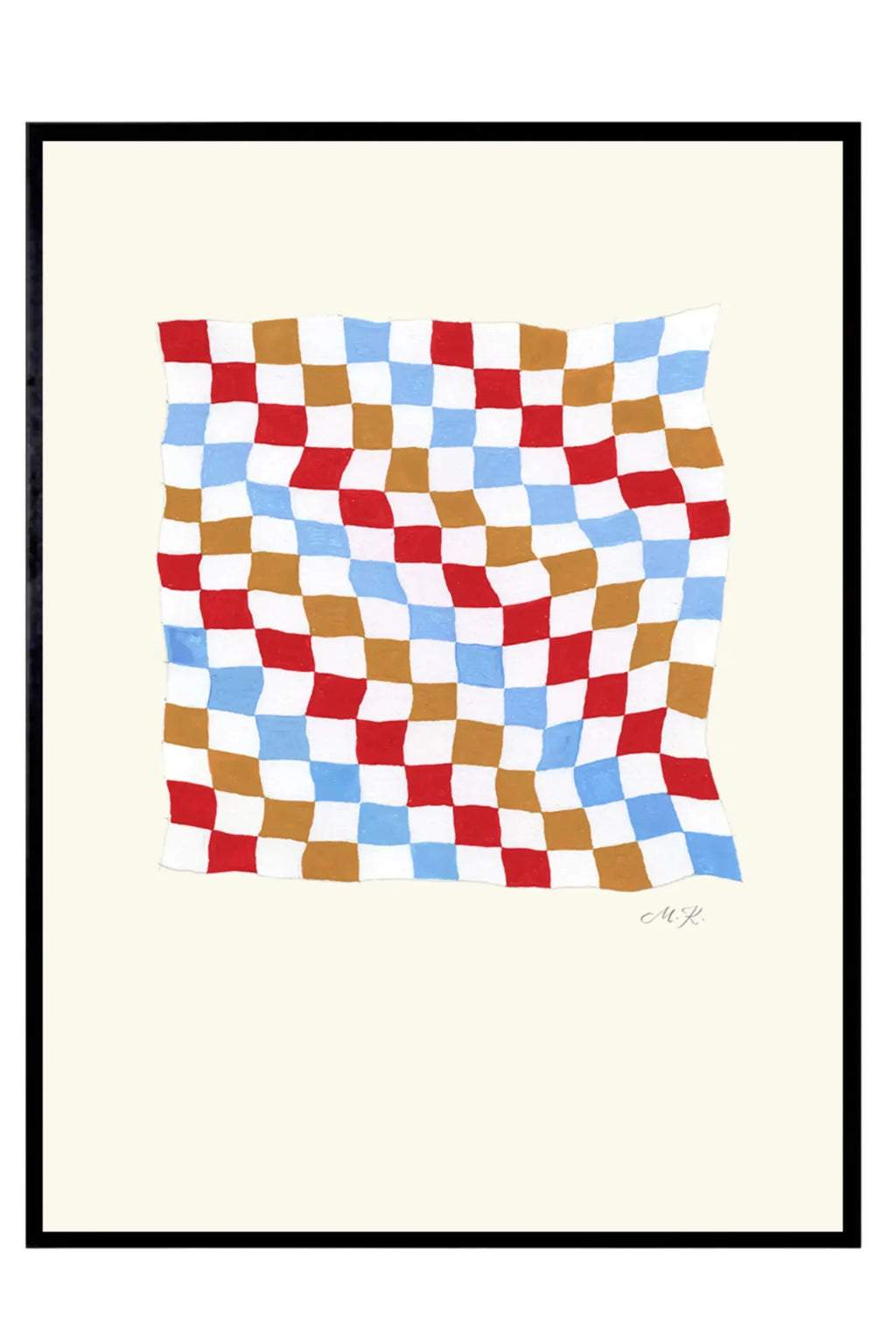 The Poster Club Tern No. 4, a playful contemporary abstract art print featuring a wavy checkerboard pattern in vibrant red, light blue, warm brown, and white, set against a cream background with a hand-painted texture. This framed art print, presented in a sleek black frame with a classic white mat, is perfect as colorful wall art for modern living rooms, kids' rooms, or a cheerful gallery wall accent.