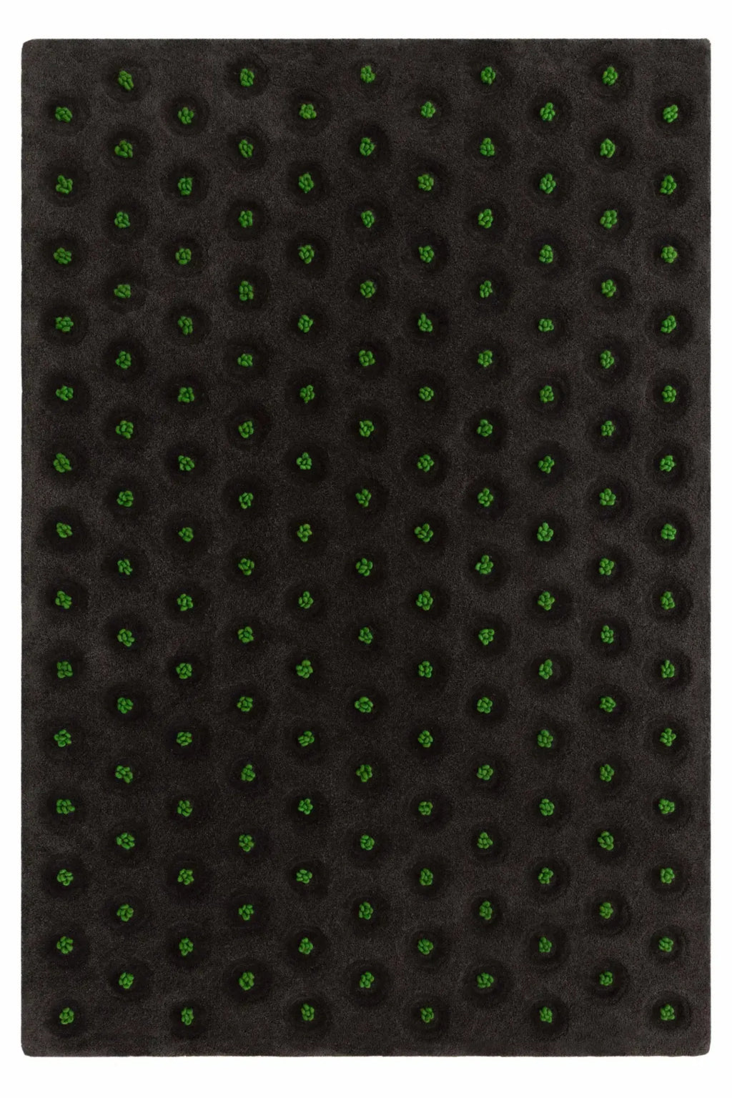 GAN Rugs La Geria-Lanzarote Rug, a contemporary hand-knotted wool area rug in a deep charcoal grey. It features a unique textured pattern of vibrant green tufts nestled within circular depressions, creating an organic, abstract design. This plush, modern rug is perfect for adding a statement to contemporary living rooms, bedrooms, or sophisticated entryways.