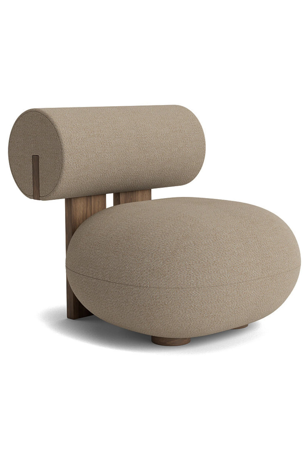 NORR11 Outdoor Hippo Lounge Chair, a striking organic modern lounge chair featuring a plush, oversized taupe upholstered seat cushion and a distinctive cylindrical backrest, all supported by a rich dark solid wood frame. This sculptural outdoor armchair, with its minimalist design and textured beige outdoor fabric, creates a comfortable and stylish statement piece for contemporary patios, gardens, or outdoor living spaces.