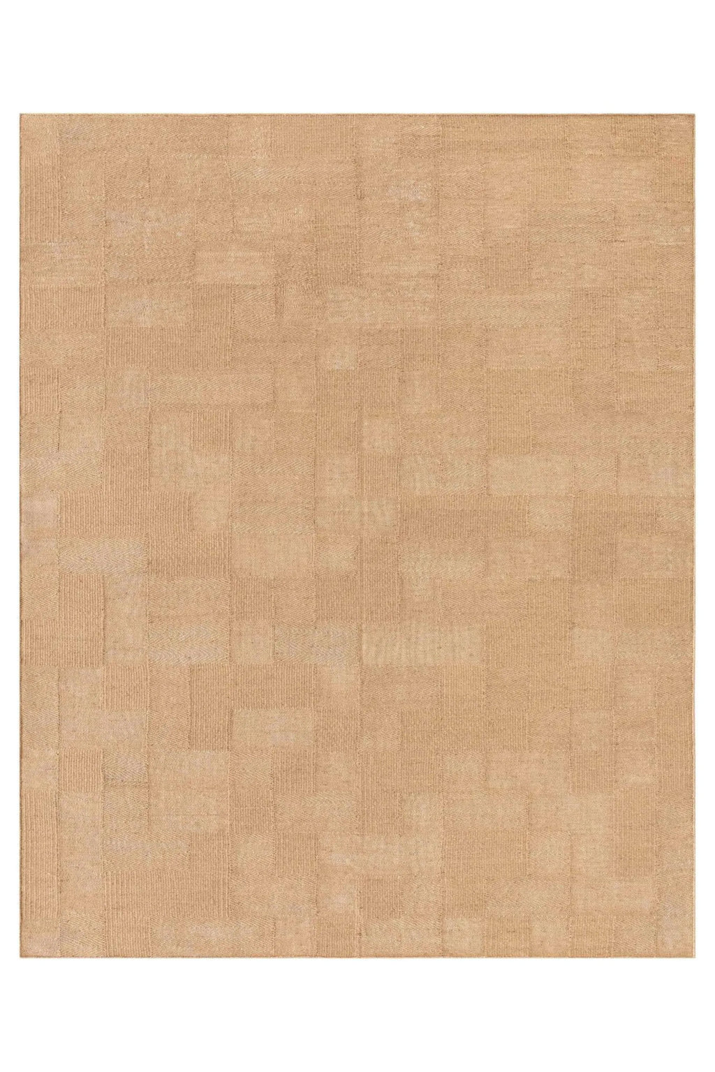 GAN Rugs Roots 04 Rug, a natural hand-woven jute area rug in warm tan and light beige tones, showcasing a subtle geometric pattern created by alternating vertical and chevron weave textures within rectangular blocks. This textured floor covering brings an organic modern and minimalist style, perfect for living rooms, bedrooms, and dining areas seeking natural warmth.