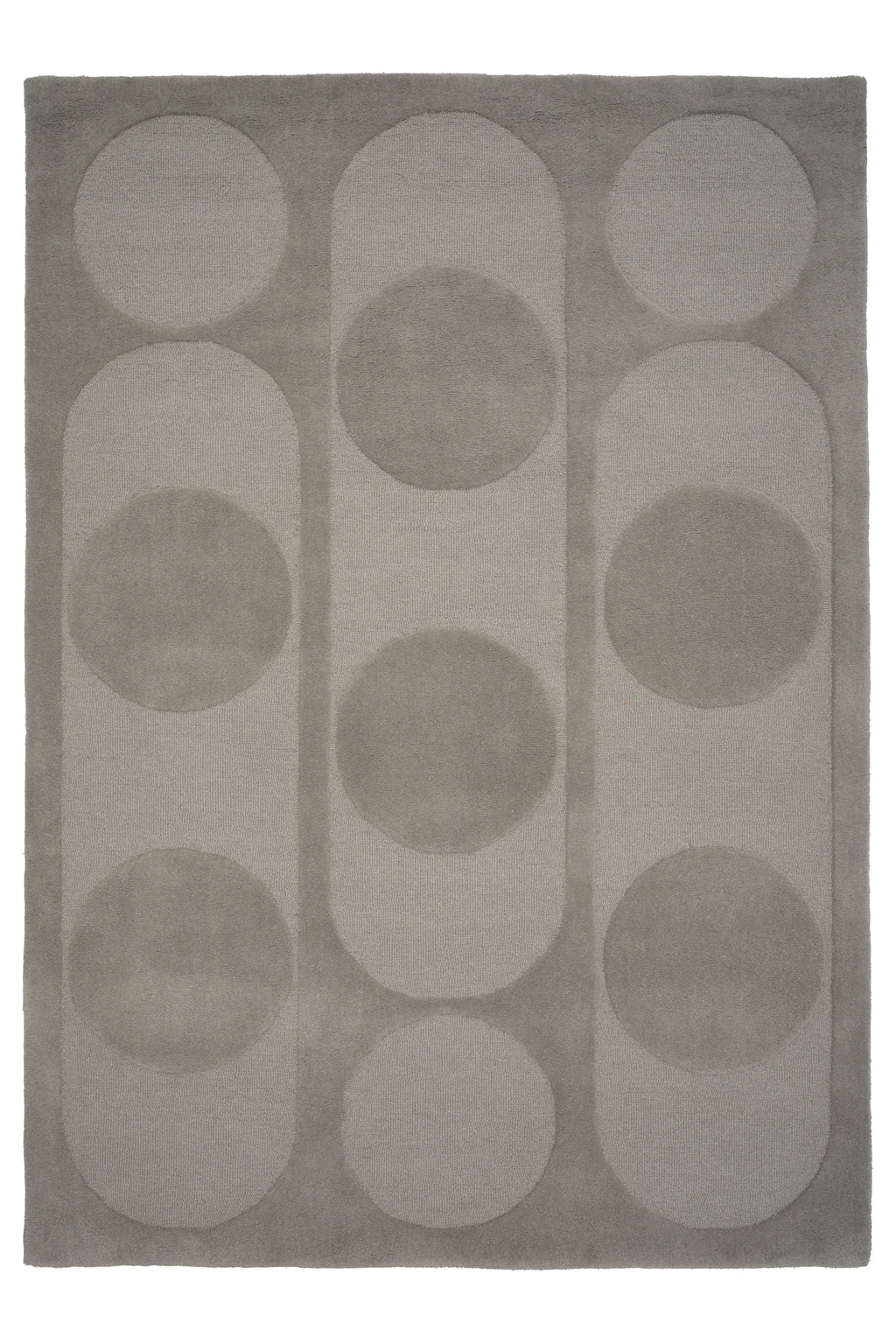 Linie Design Orb Alliance Wool Rug, a modern geometric area rug in a sophisticated grey tone, featuring a captivating pattern of alternating circles and elongated oval shapes. This contemporary wool rug boasts a plush, soft pile with varying textures, creating a subtle high-low relief effect for visual depth. Ideal for adding Scandinavian elegance to modern living rooms, bedrooms, or minimalist interiors.