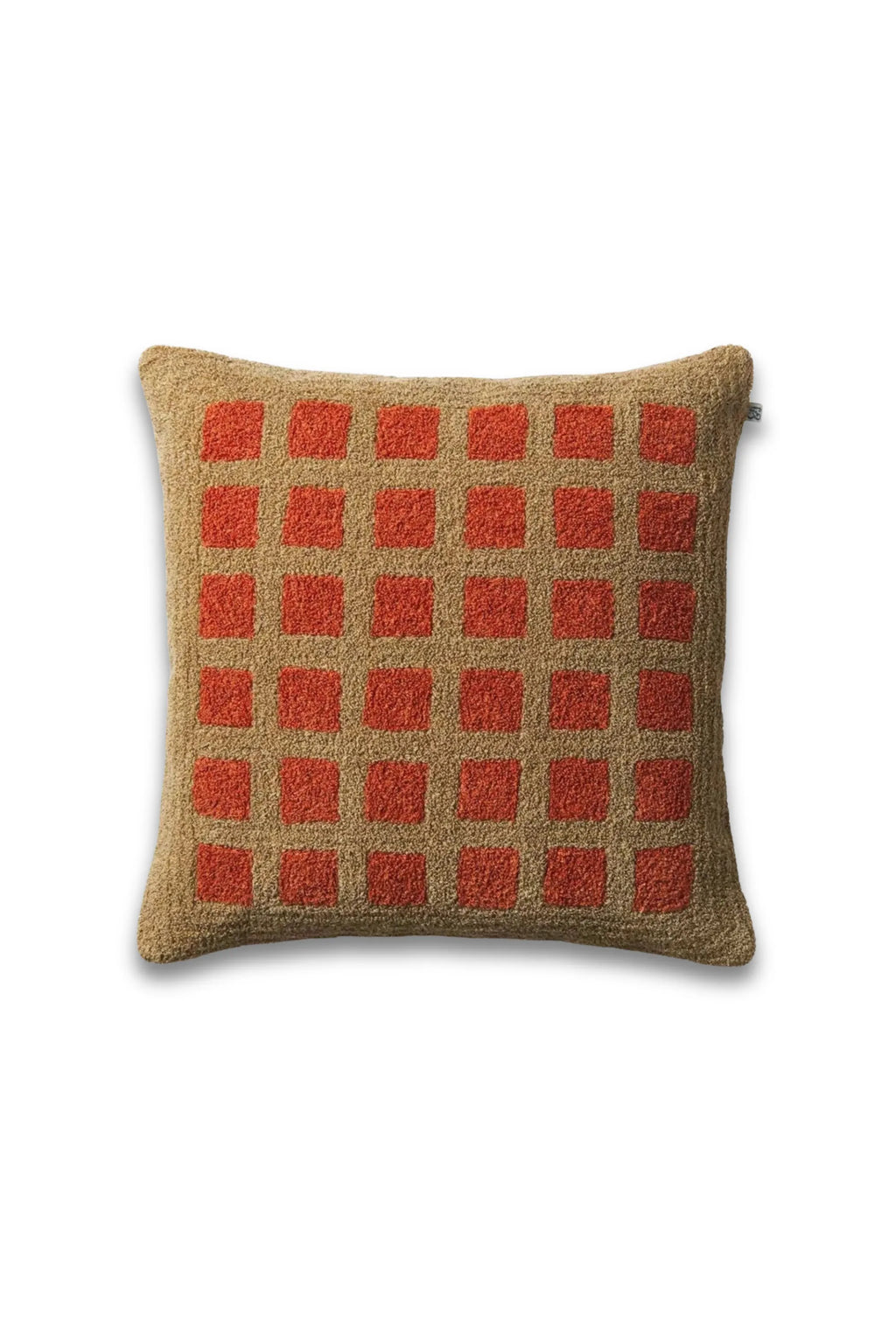Chhatwal & Jonsson Mohan Boucle Throw Pillow, a cozy square cushion crafted from textured boucle fabric in a warm beige hue. It features a striking grid pattern of raised orange squares, offering a modern and tactile design, presented on a crisp white background. This premium pillow adds a touch of contemporary comfort.