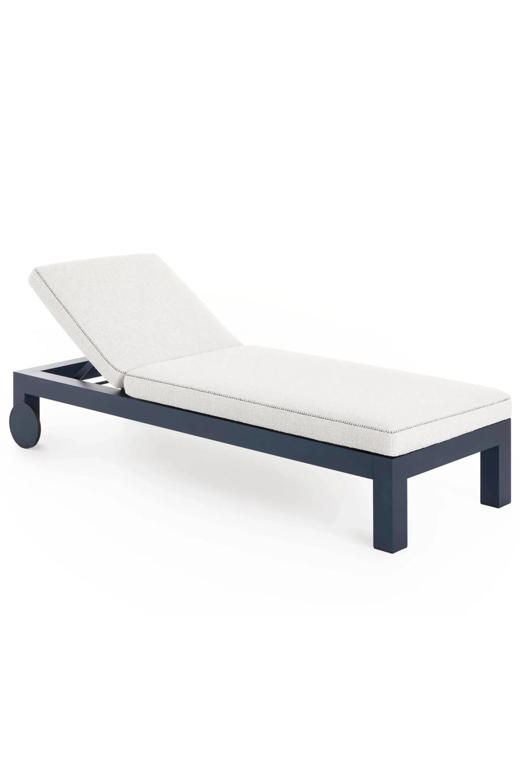 Gandia Blasco Islablanca Outdoor Chaise Lounge, a sleek modern outdoor chaise lounge featuring a dark grey powder-coated aluminum frame and a comfortable light grey outdoor fabric cushion with an adjustable backrest and rolling wheels. This minimalist sunbed is perfect for contemporary pool decks, patios, and luxury garden spaces.