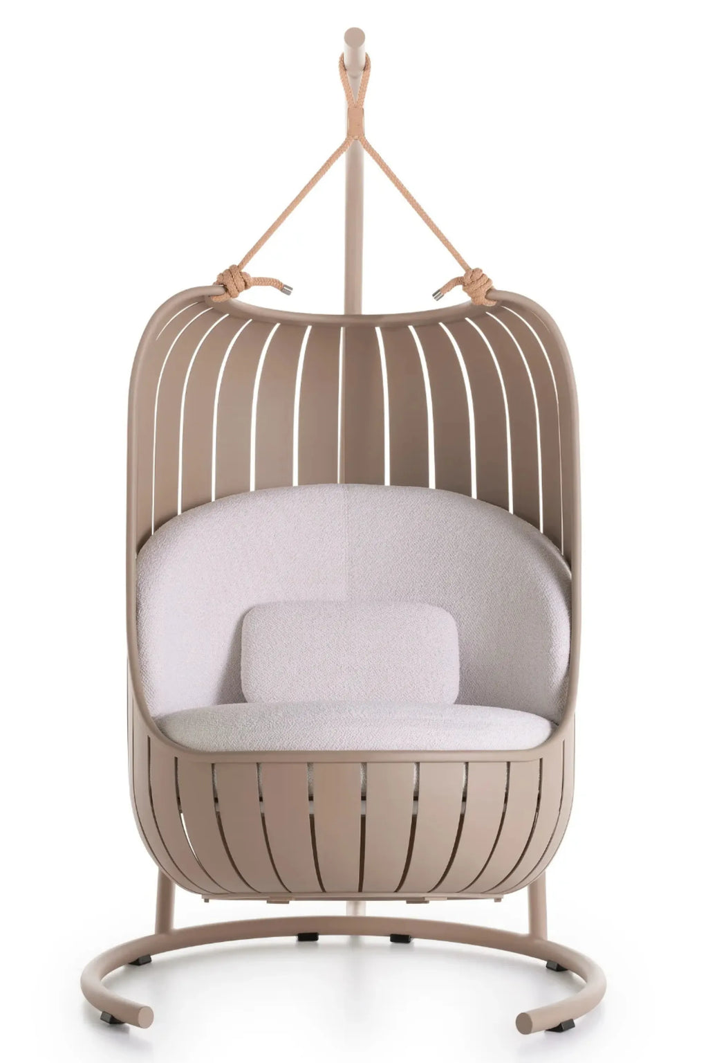 Gandia Blasco Arena Outdoor Swing, a modern outdoor hanging chair featuring a taupe powder-coated aluminum frame with a slatted cocoon design and a sturdy round base. It includes plush off-white bouclé fabric cushions and a natural rope suspension, offering a comfortable and stylish retreat. Perfect for contemporary patios, gardens, or luxury outdoor living spaces.