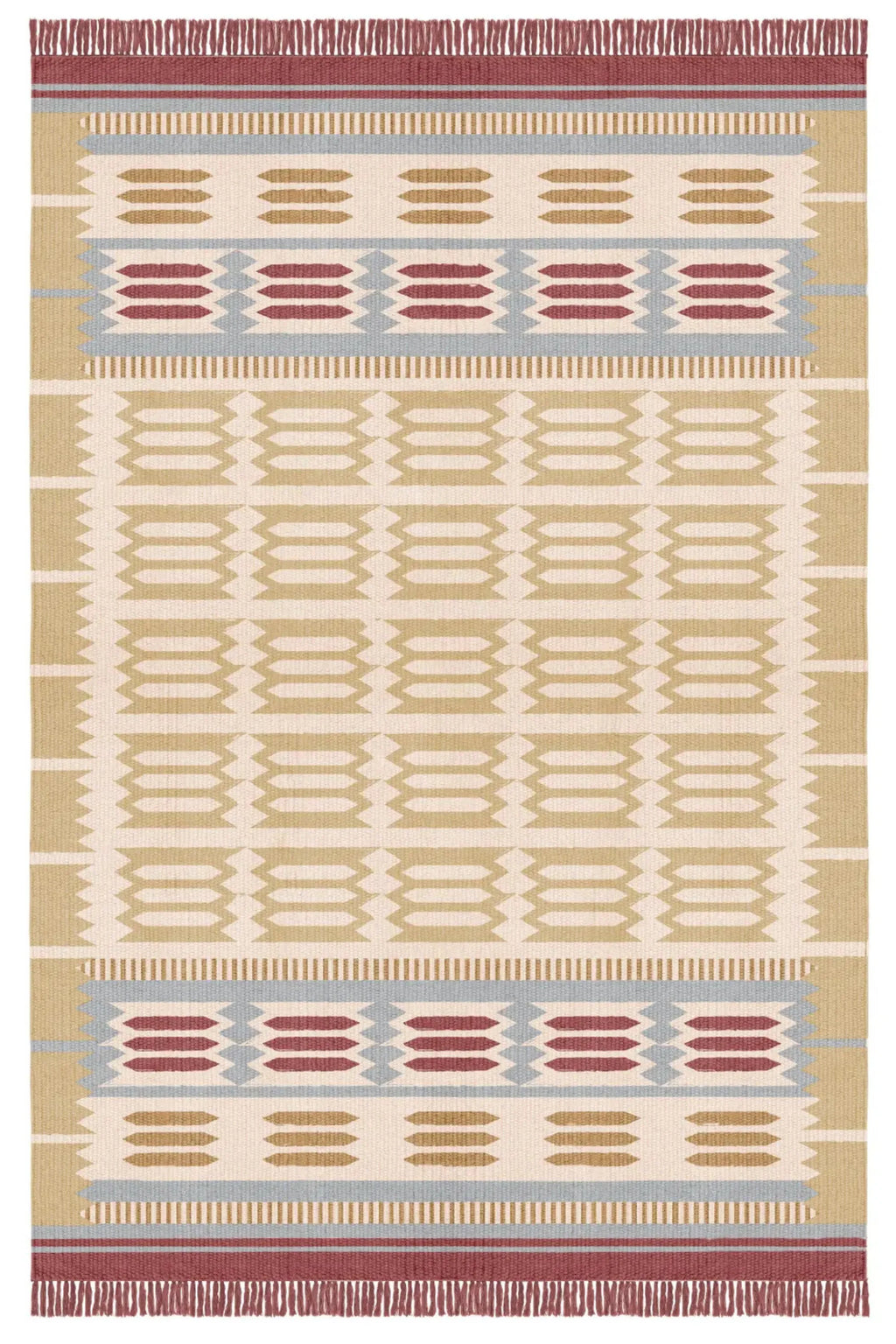 Layered Hilma Wool Rug, a multicolored flat-woven wool rug with a geometric pattern in cream, light blue, mustard, and deep red, featuring striped and chevron accents with fringed ends. Perfect for...