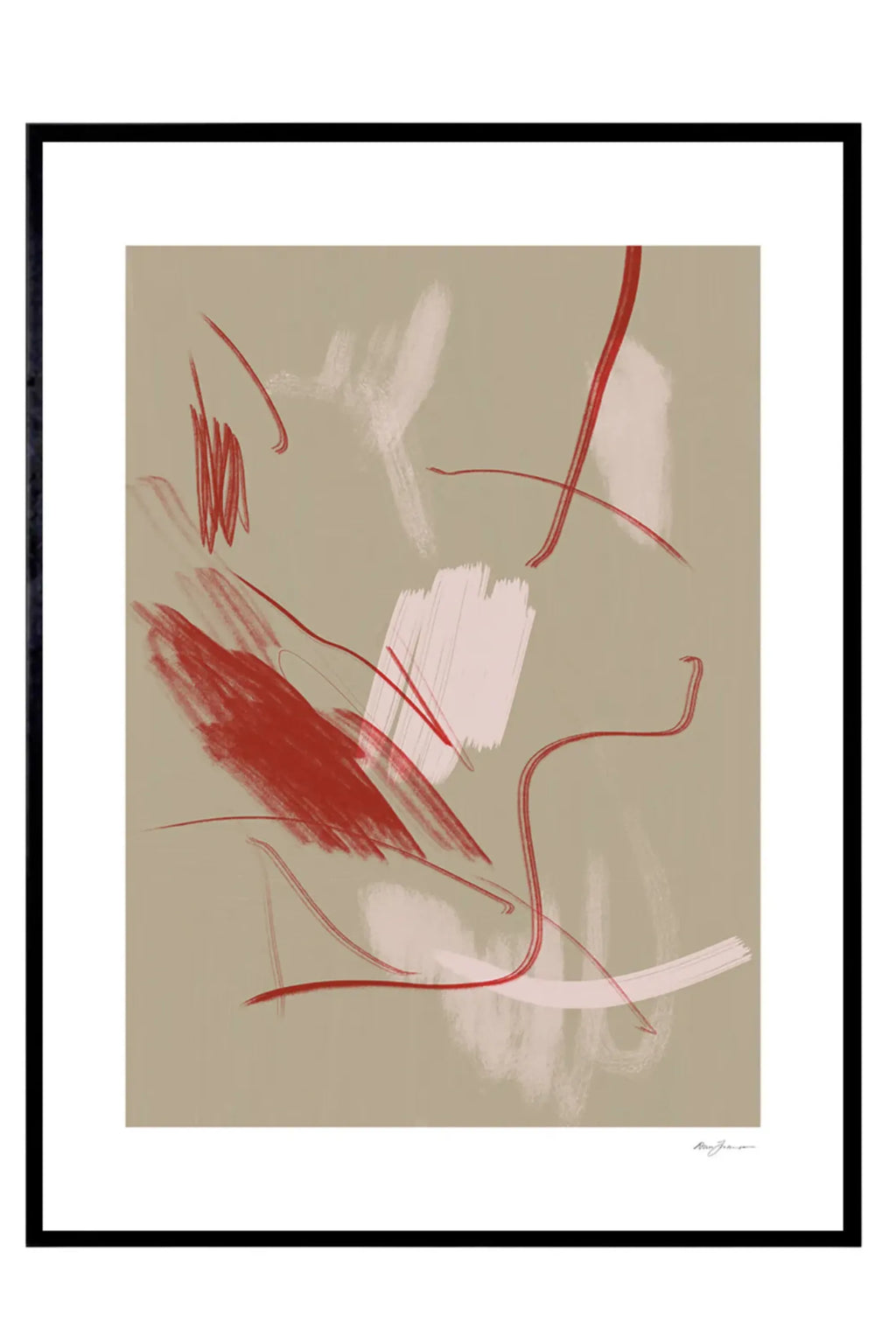 The Poster Club Pink Thoughts, a contemporary abstract art print featuring bold red and soft pink brushstrokes layered over a muted greige background, encased in a sleek matte black frame with a crisp white mat. This modern wall art is perfect for adding an artistic touch to minimalist living rooms, bedrooms, or as a focal point in a curated gallery wall.