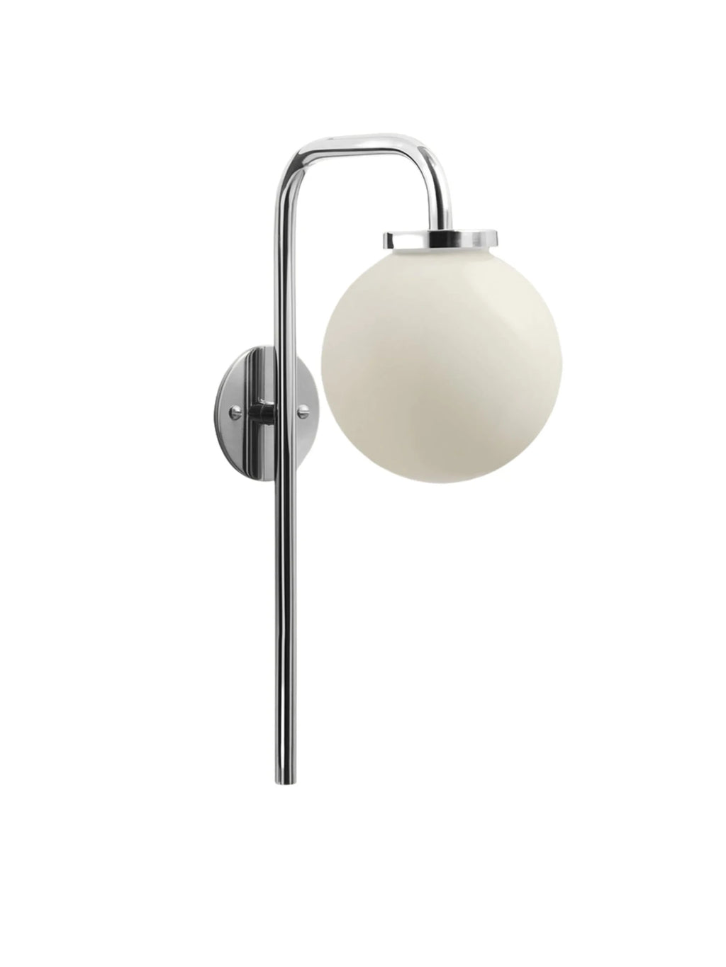 CTO Lighting Big Bulb Wall Lamp, a sleek modern wall light featuring a polished chrome metal frame with a gracefully curved arm and a classic spherical opal glass shade. This minimalist wall sconce offers diffused ambient lighting, perfect for contemporary living rooms, elegant bedrooms, or chic bathroom interiors.