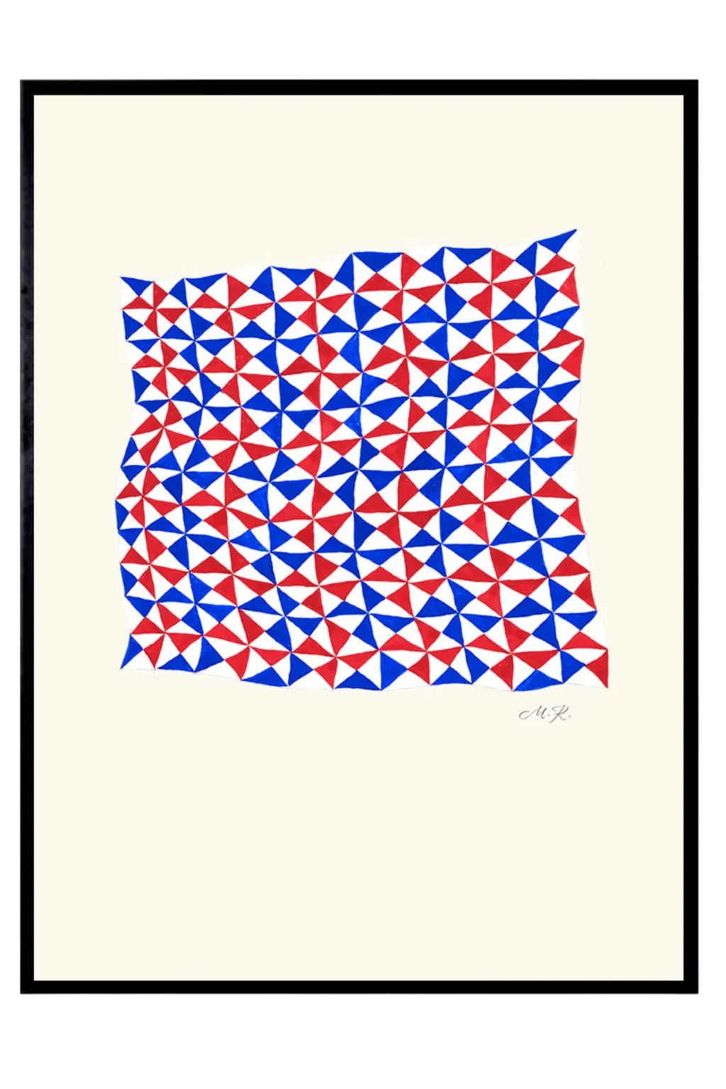 The Poster Club Tern No. 3, a vibrant geometric abstract art print featuring a dynamic tessellated pattern of red, blue, and white triangles forming an irregular, organic-edged shape on an.