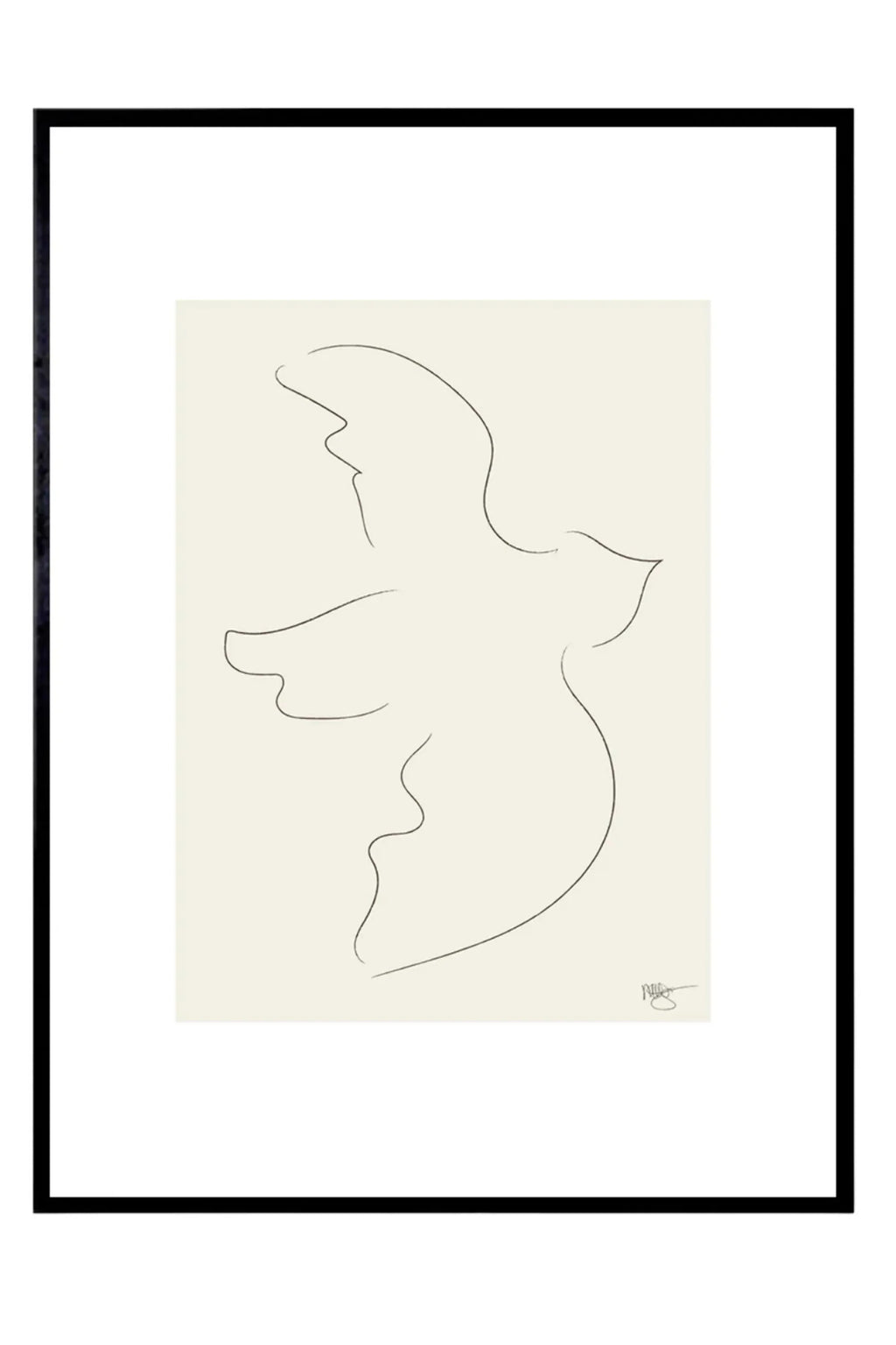 The Poster Club Fly Away, a minimalist abstract art print showcasing an organic dark line drawing of a bird in flight against a soft cream background, beautifully framed with a wide white mat and a sleek matte.