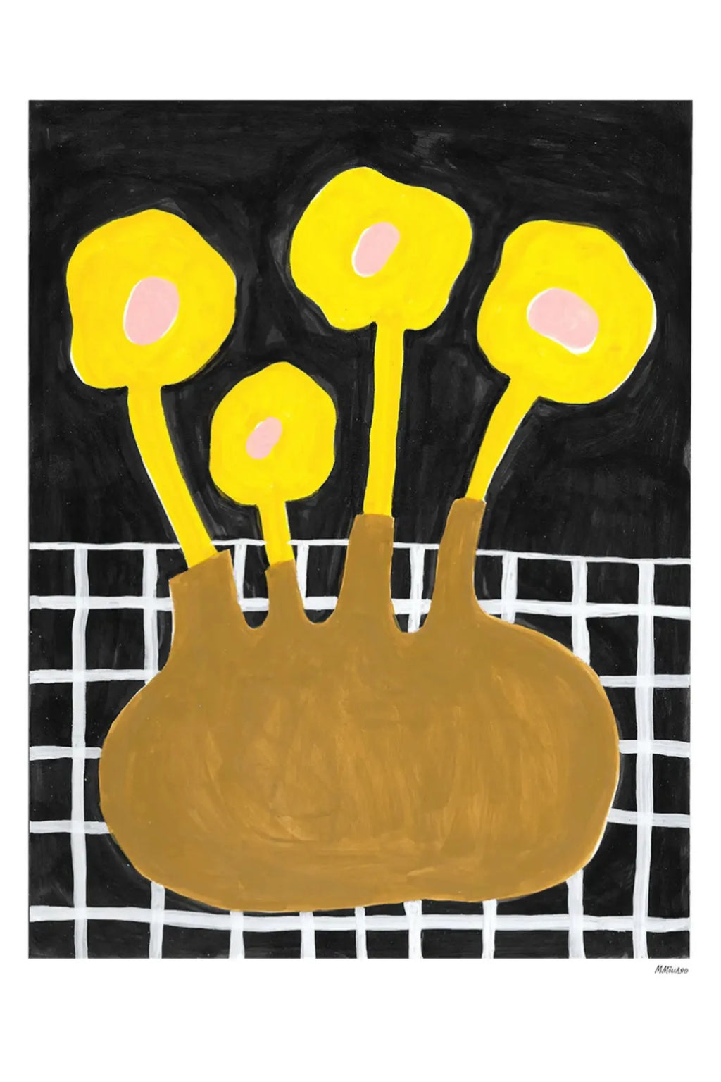 The Poster Club Flowers In Brown Vase, a vibrant abstract art print showcasing four organic yellow flowers with soft pink centers, emerging from a bulbous brown vase on a black and white grid table, all rendered.