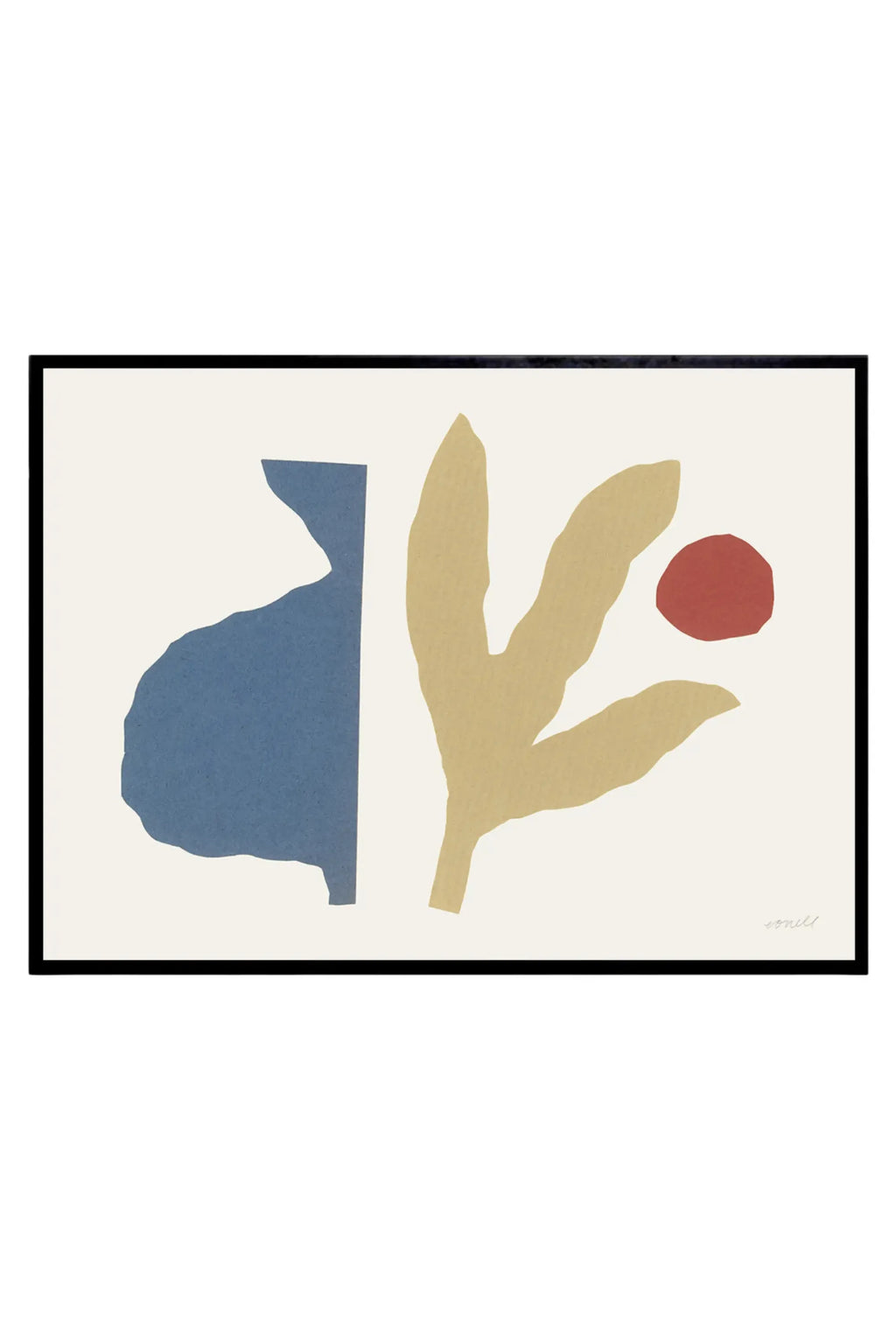 The Poster Club February Landscape, a modern minimalist abstract art print showcasing organic, cut-out style shapes in a serene color palette of dusty blue, warm beige, and deep terracotta, set against a creamy off-white background. This contemporary framed poster, with its clean lines and earthy tones, is ideal as a statement piece for Scandinavian living rooms, a sophisticated addition to a bedroom gallery wall, or modern home office decor.