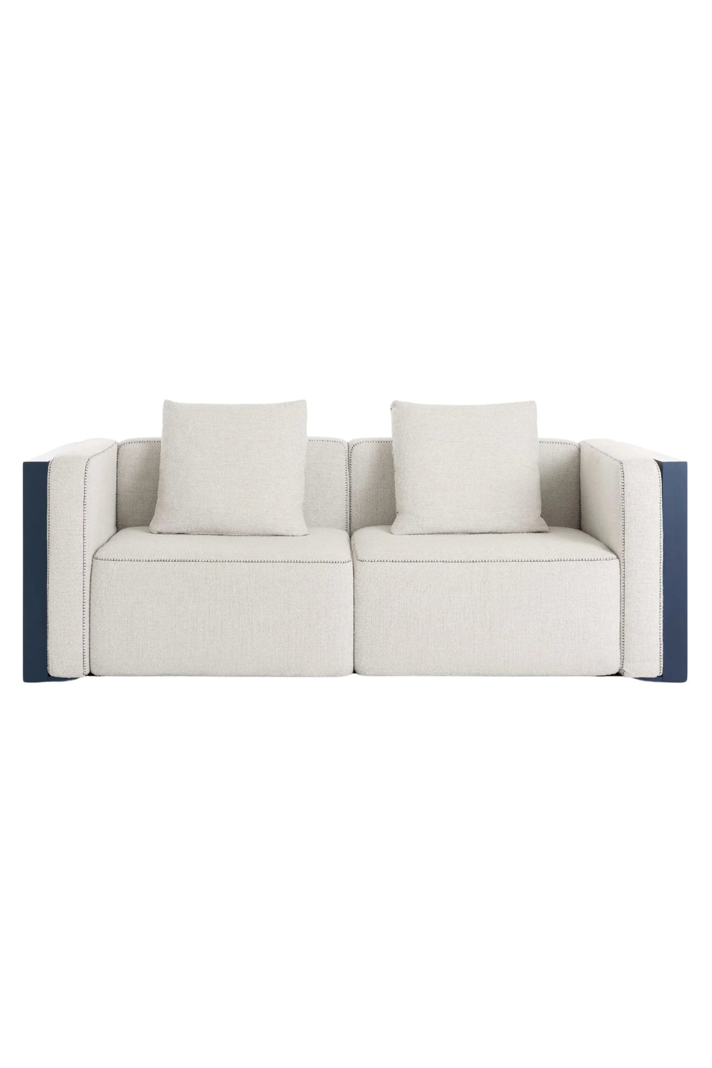 Gandia Blasco Islablanca Outdoor 2 Seat Sofa, a modern contemporary outdoor sofa featuring light beige textured outdoor fabric upholstery with visible contrast stitching and bold navy blue side panels. This durable 2-seater patio sofa provides plush comfort for any outdoor living room or modern deck design.