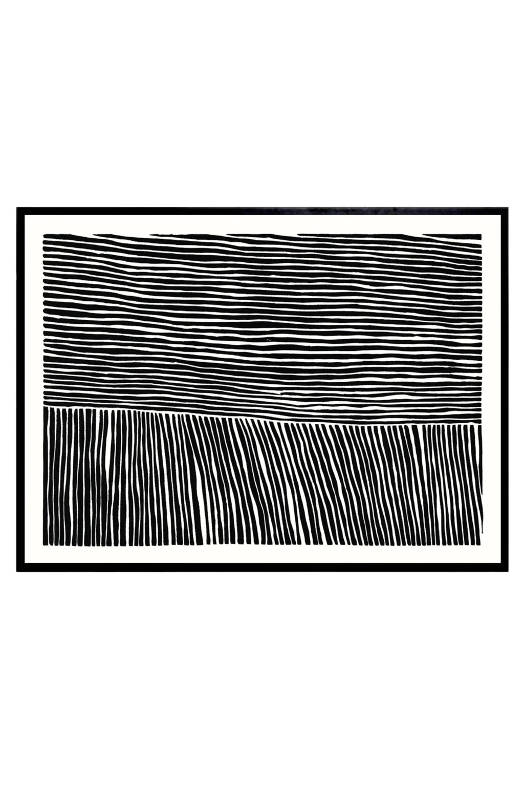 The Poster Club The Line no. 03, a striking black and white abstract art print featuring hand-drawn irregular horizontal lines in the upper section that transition to dynamic vertical lines in the lower half, creating a unique graphic and textured pattern. This modern minimalist poster is elegantly framed in a sleek black frame with a crisp white mat. It's an ideal piece of contemporary wall art for Scandinavian living rooms, minimalist bedrooms, or a curated gallery wall.