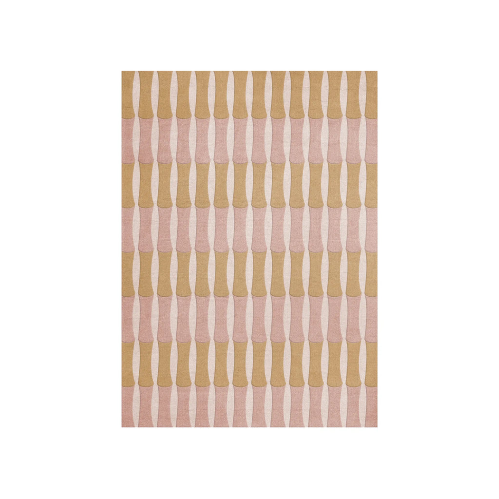 Layered Bamboo Forest Wool Rug, a rectangular area rug with a stylish repeating pattern of alternating terracotta and beige bamboo-like shapes on a light background. Perfect for adding a warm, natu...