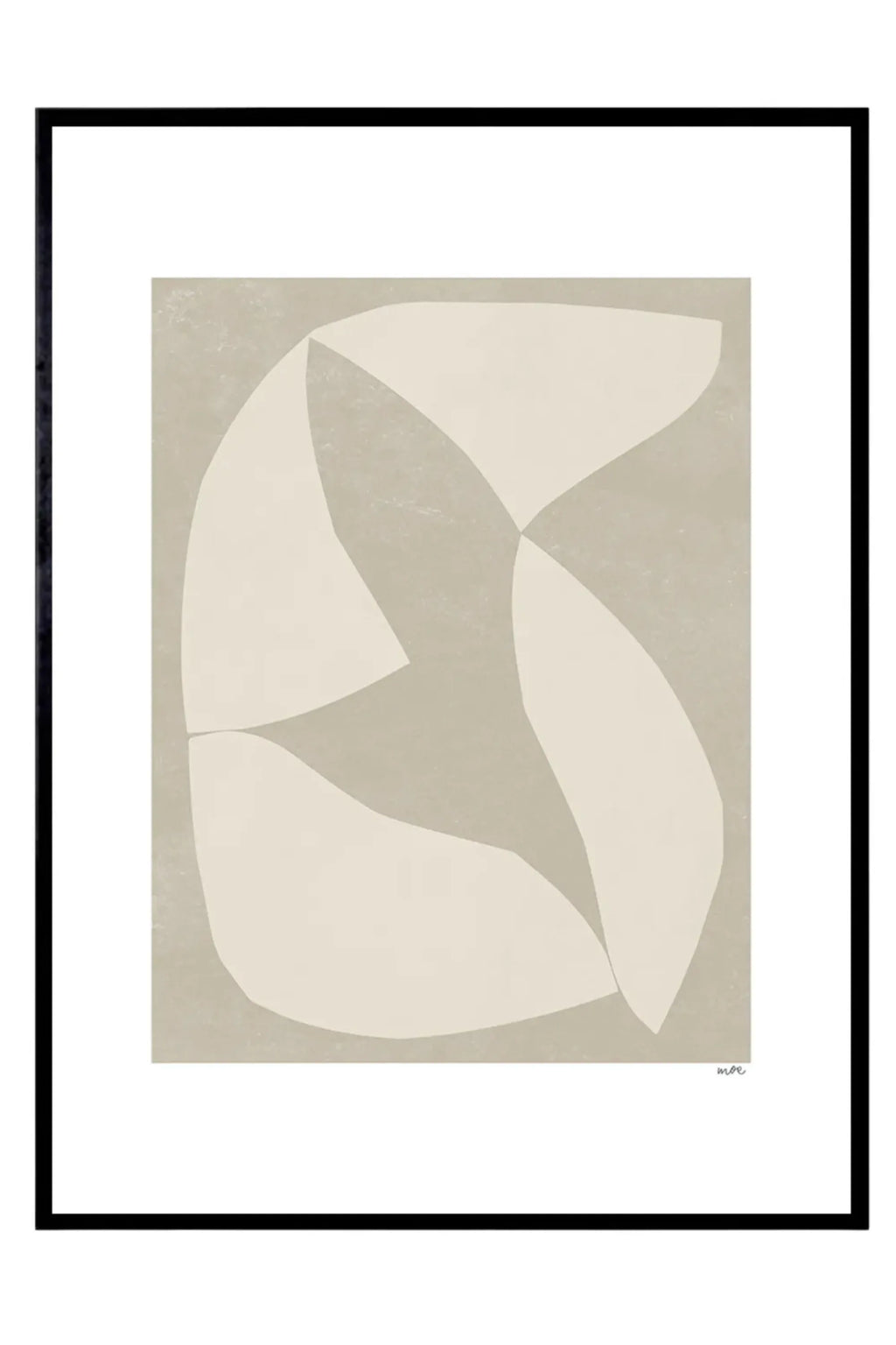 The Poster Club Fragments, a minimalist abstract art print featuring overlapping organic shapes in soft off-white and cream tones against a textured beige background, framed with a white mat and a sleek matte black frame. Ideal as contemporary wall art for modern living rooms, Scandinavian bedrooms, or japandi-inspired gallery walls.